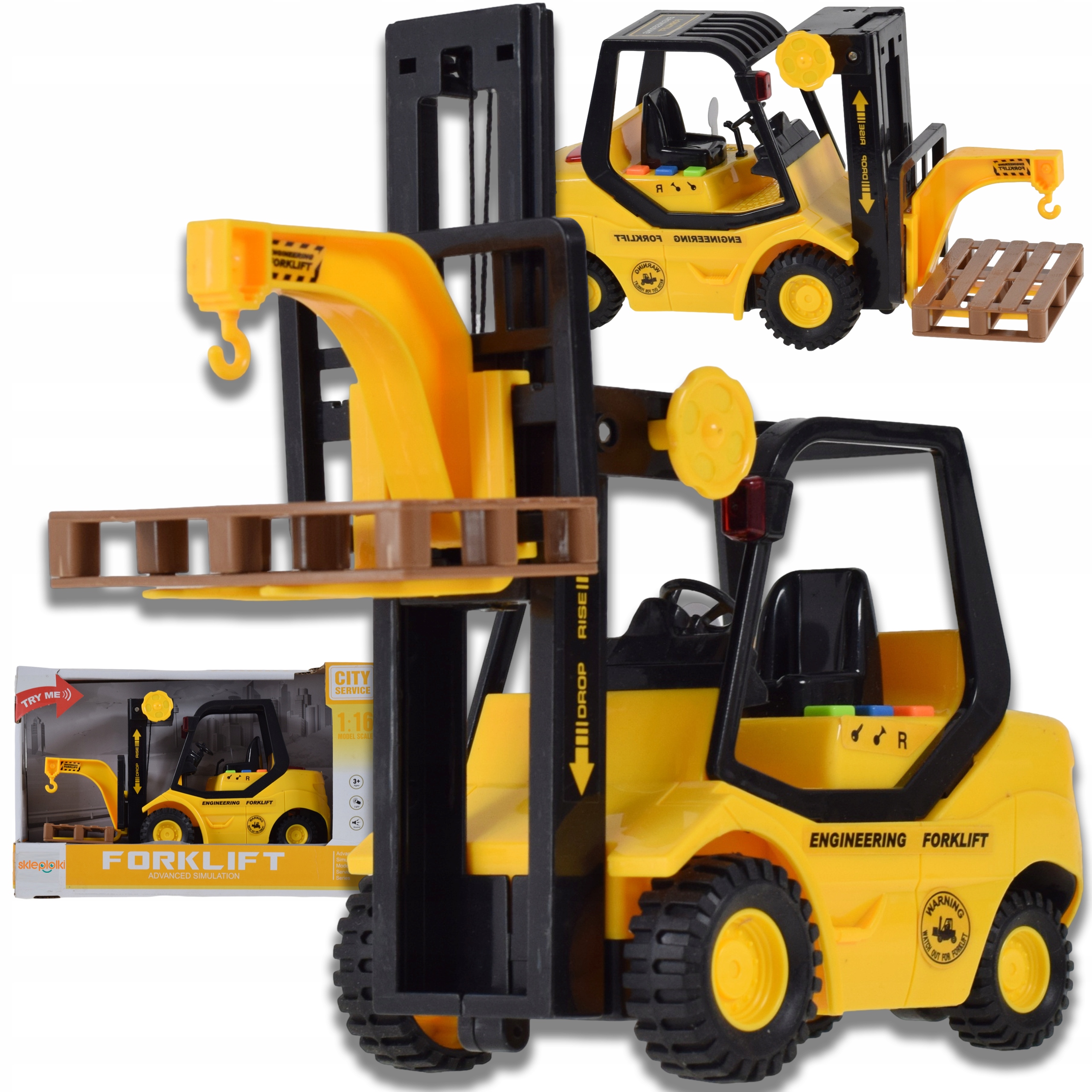 WÓZEK WIDŁOWY ZABAWKA DŹWIG Z HAKIEM Z NACIĄGIEM POJAZD BUDOWLANY NABATERIE