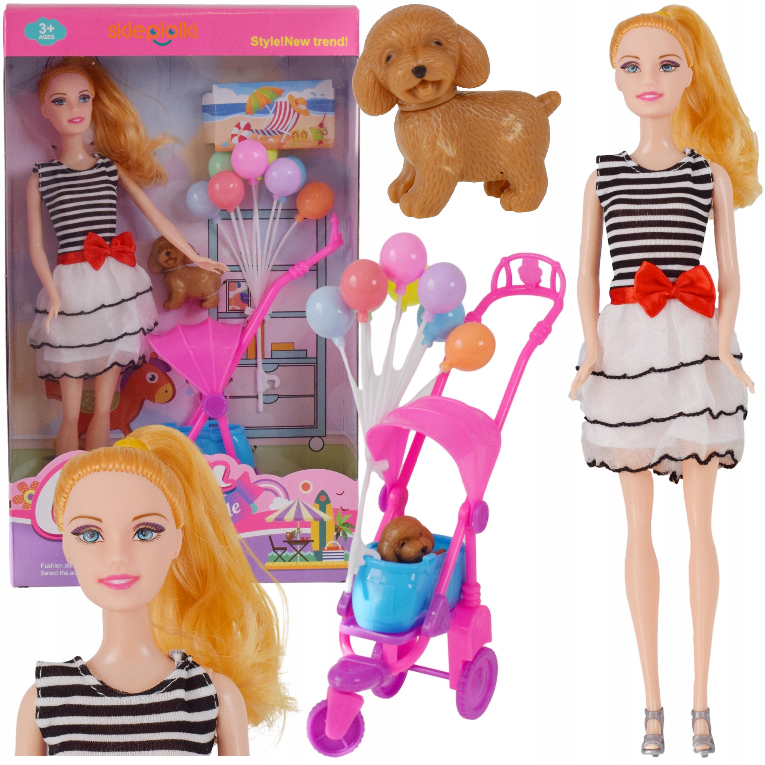 Lalka ze spacerówką i pieskiem zestaw spacer w wózku z pupilami dla dzieci