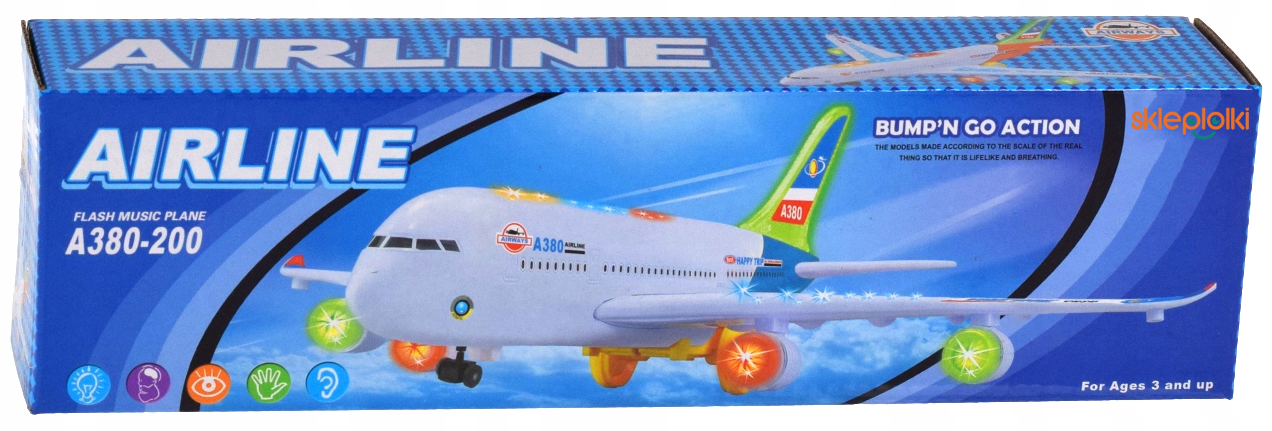 Interaktywny samolot pasażerski gra, świeci, jeździ, dźwięk i światła LED