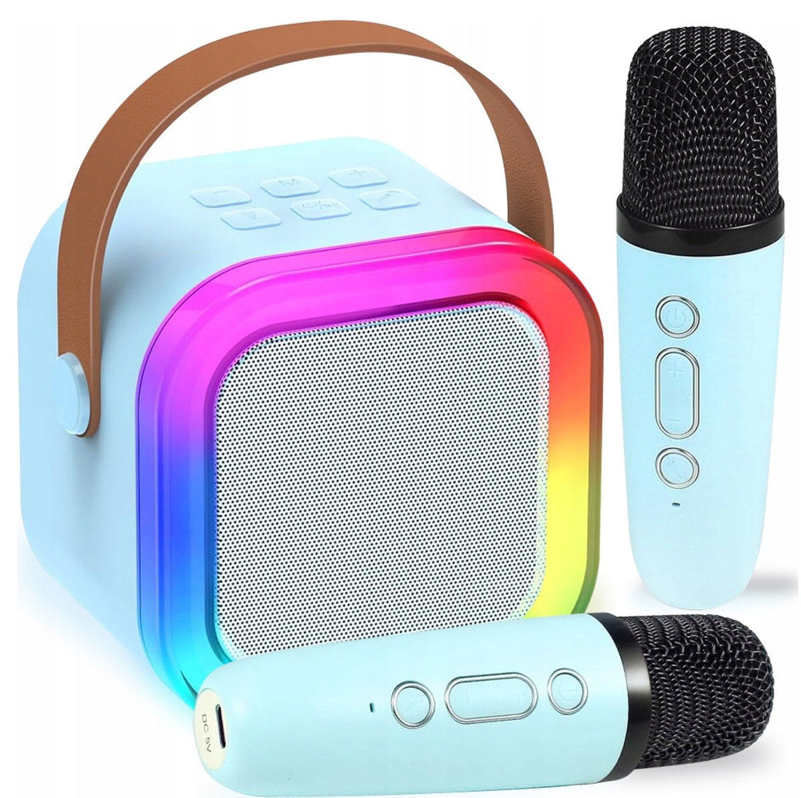 ZESTAW KARAOKE GŁOŚNIK BEZPRZEWODOWY DWA MIKROFONY BT KOLORY PRZENOŚNY RGB