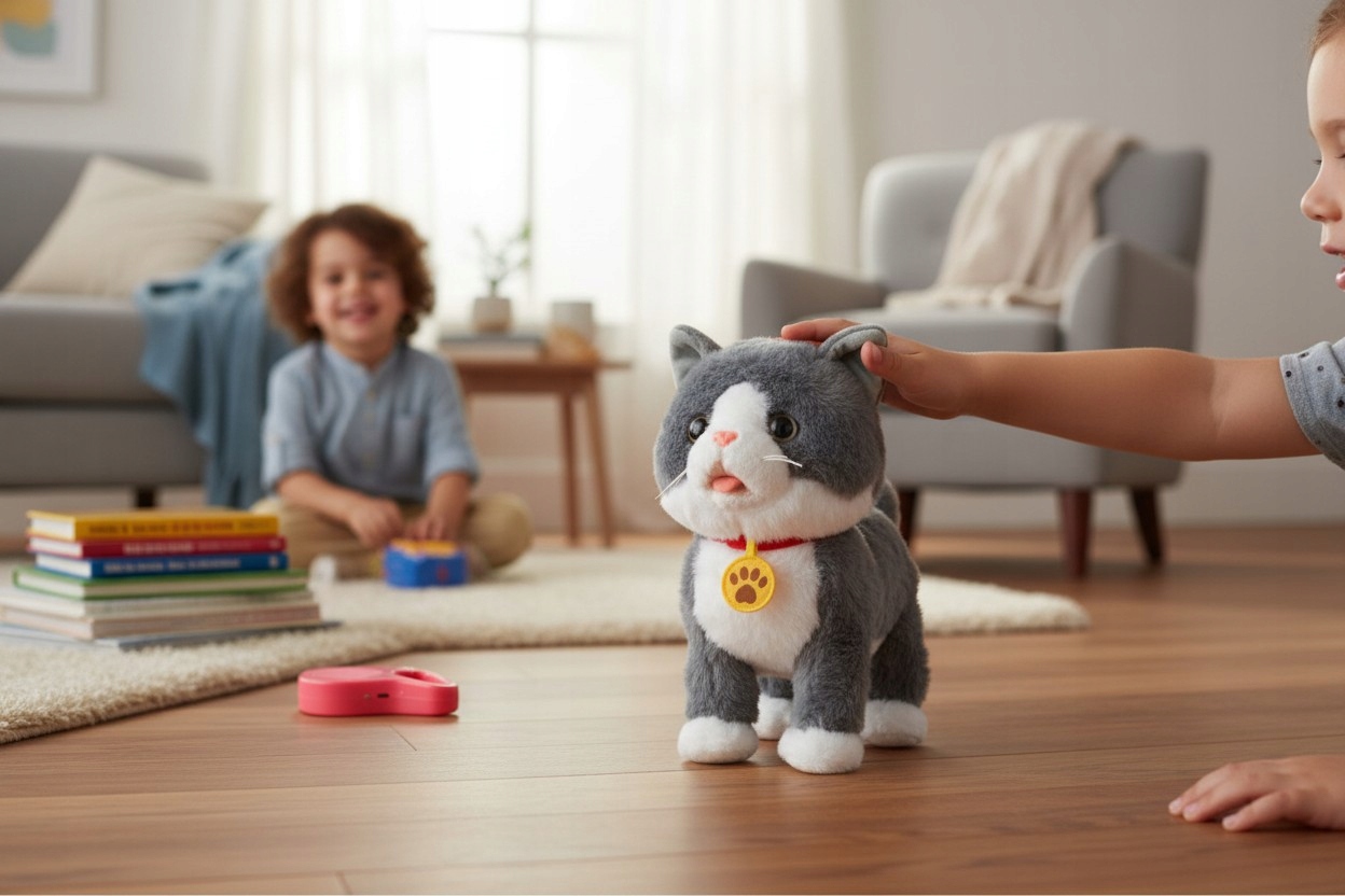 Kotek interaktywny pluszowy na smyczy akumulator USB funkcje dźwięk ruch