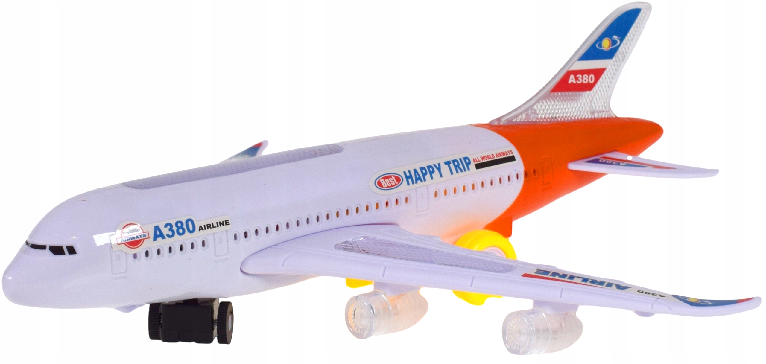 Interaktywny samolot pasażerski gra, świeci, jeździ, dźwięk i światła LED