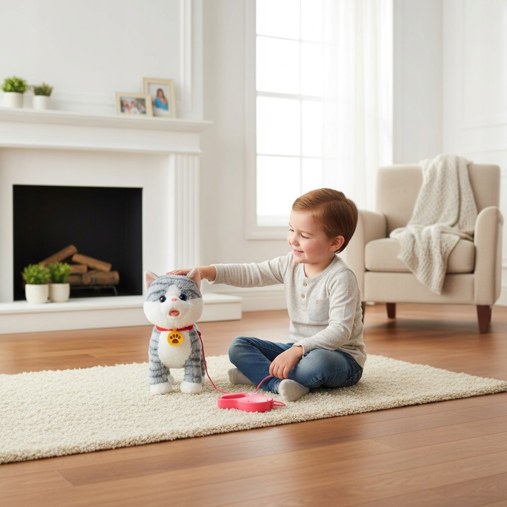 Kotek interaktywny pluszowy na smyczy akumulator USB funkcje dźwięk ruch