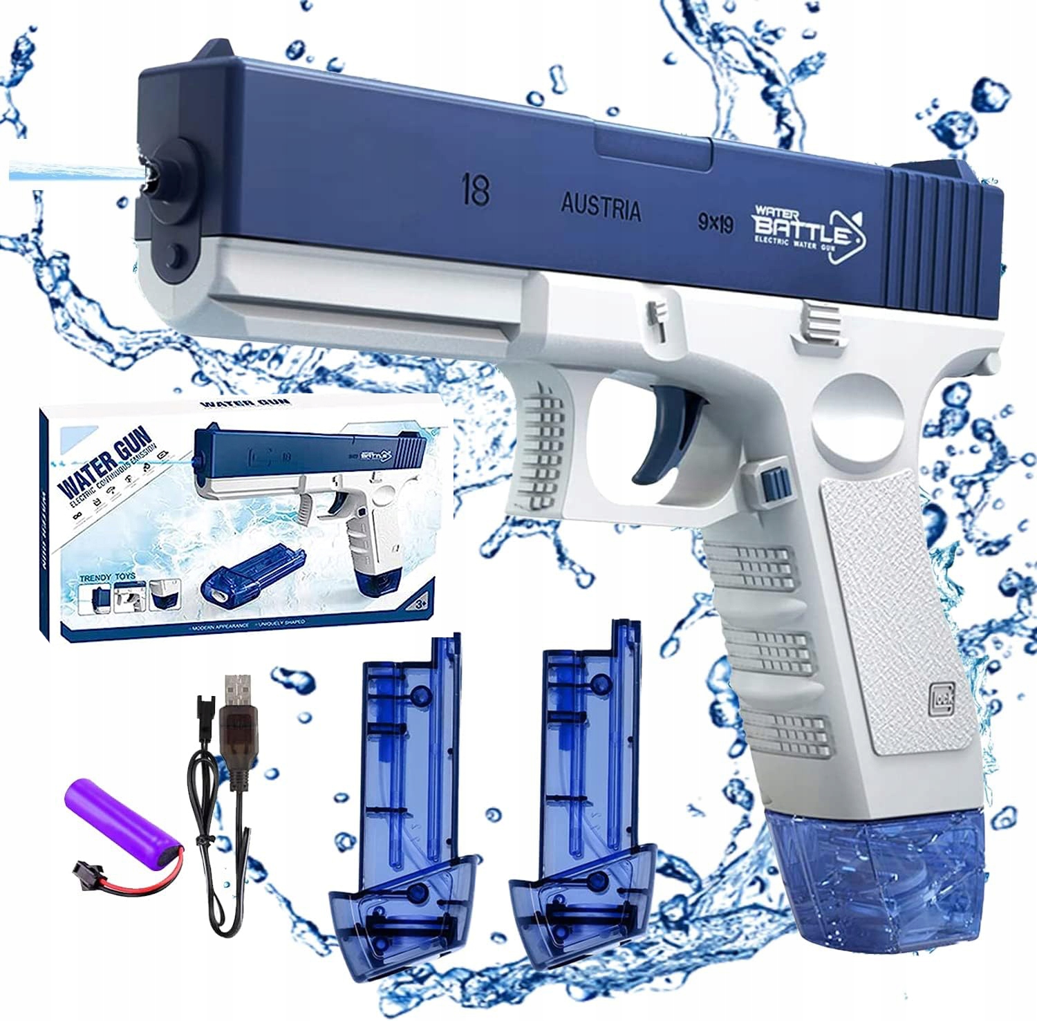 ELEKTRYCZNY AUTOMATYCZNY PISTOLET NA WODĘ DWA MAGAZYNKI GLOCK KARABIN