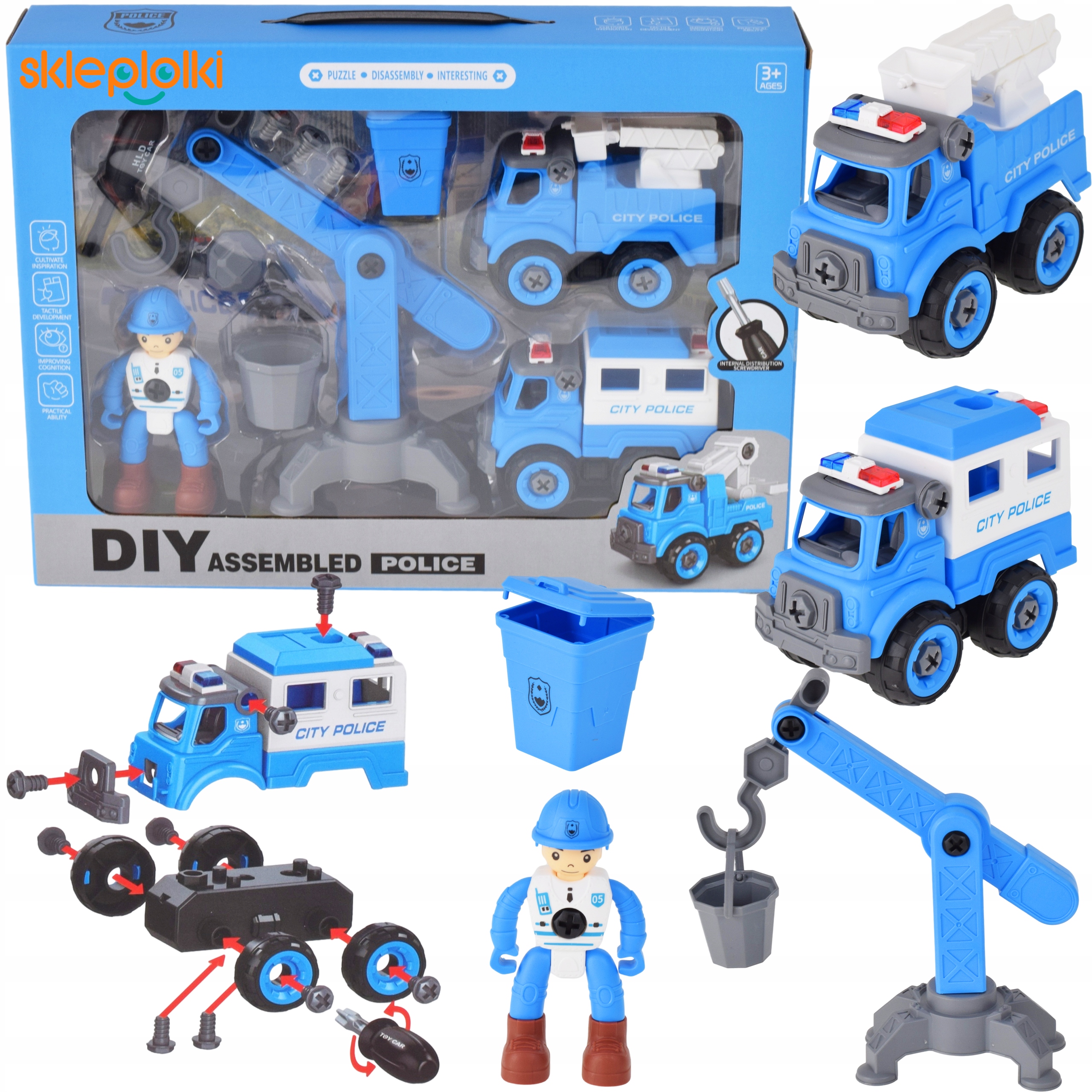 Zabawki edukacyjne Zestaw pojazdy policyjne KONSTRUKCJE do rozkręcania