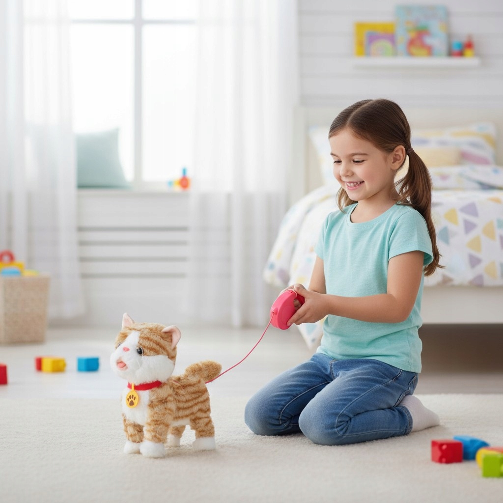 Kotek interaktywny pluszowy na smyczy akumulator USB funkcje dźwięk ruch