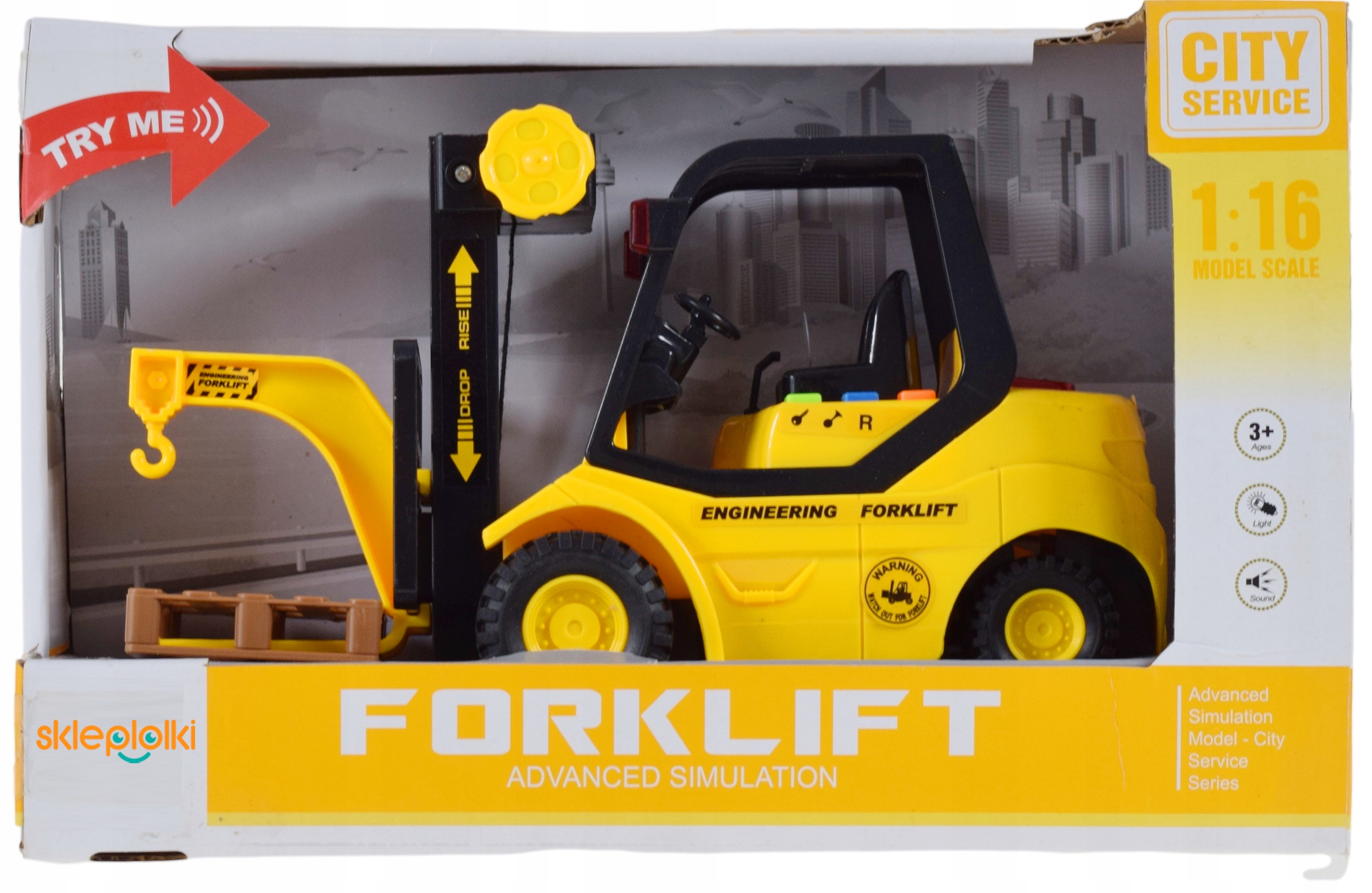 WÓZEK WIDŁOWY ZABAWKA DŹWIG Z HAKIEM Z NACIĄGIEM POJAZD BUDOWLANY NABATERIE