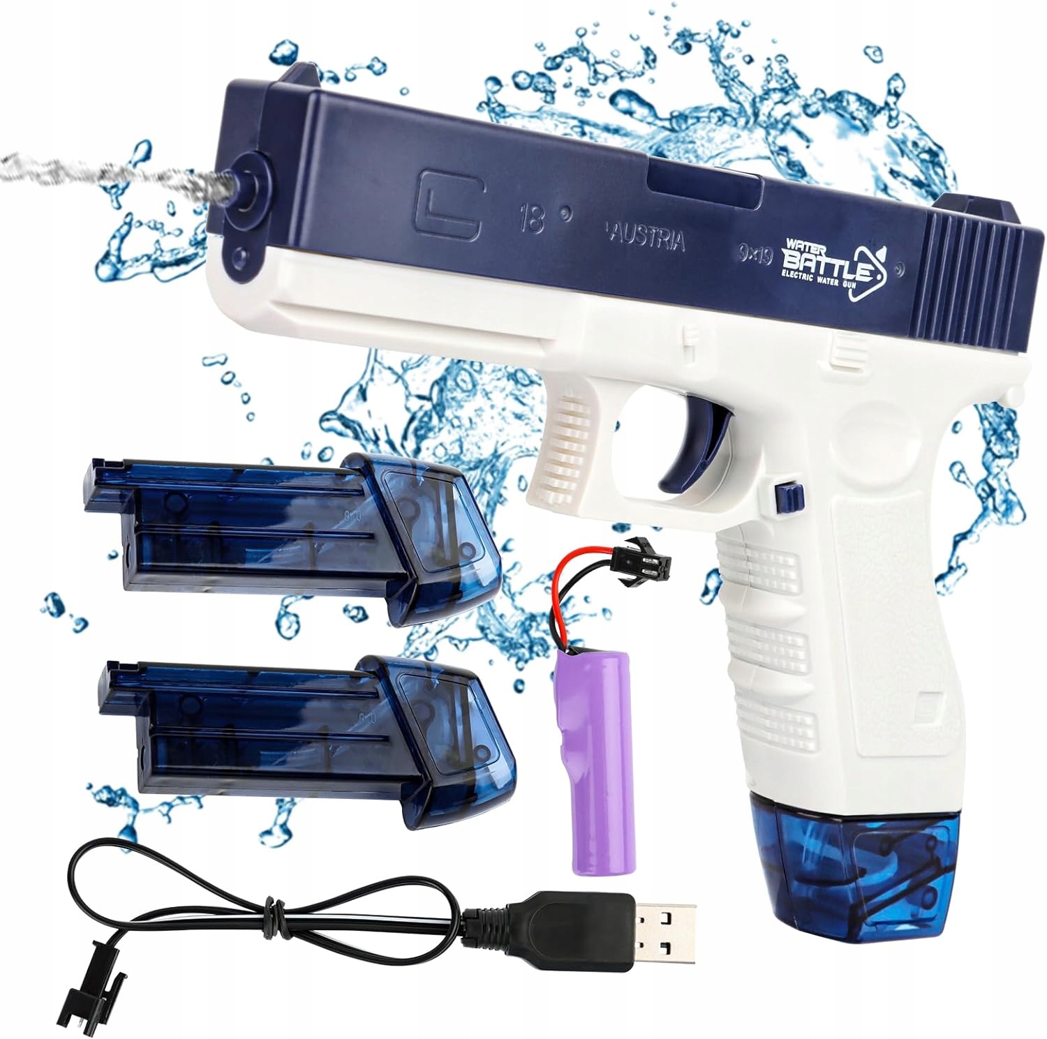 ELEKTRYCZNY AUTOMATYCZNY PISTOLET NA WODĘ DWA MAGAZYNKI GLOCK KARABIN