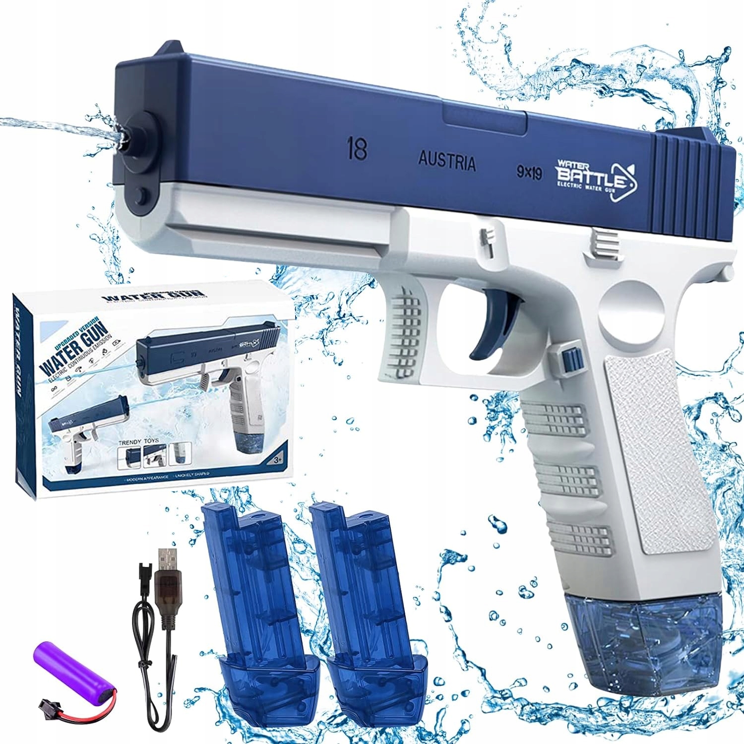 ELEKTRYCZNY AUTOMATYCZNY PISTOLET NA WODĘ DWA MAGAZYNKI GLOCK KARABIN