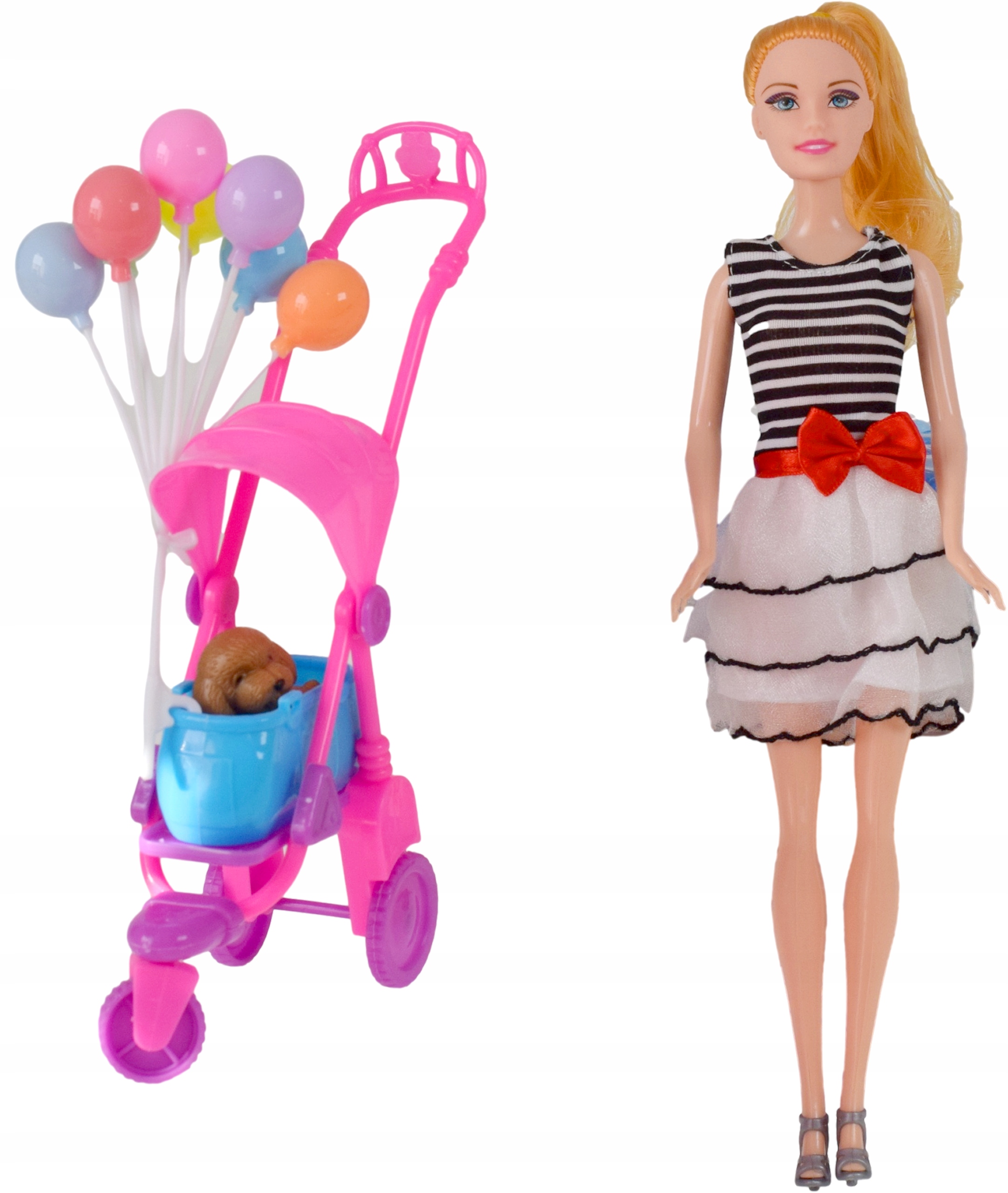 Lalka ze spacerówką i pieskiem zestaw spacer w wózku z pupilami dla dzieci