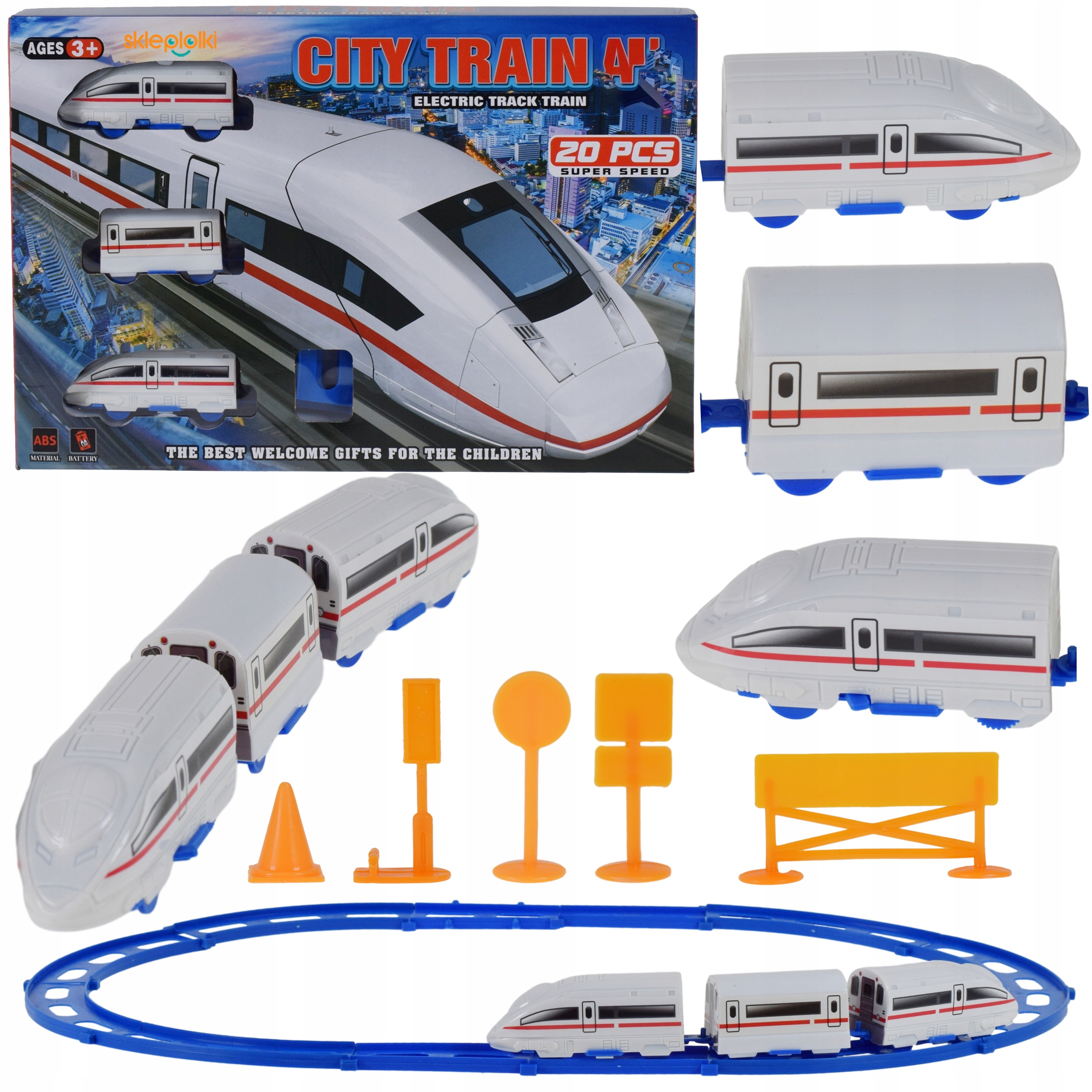 Zabawka pociąg tory z zestawem znaków kolejowych i akcesoriami na baterie