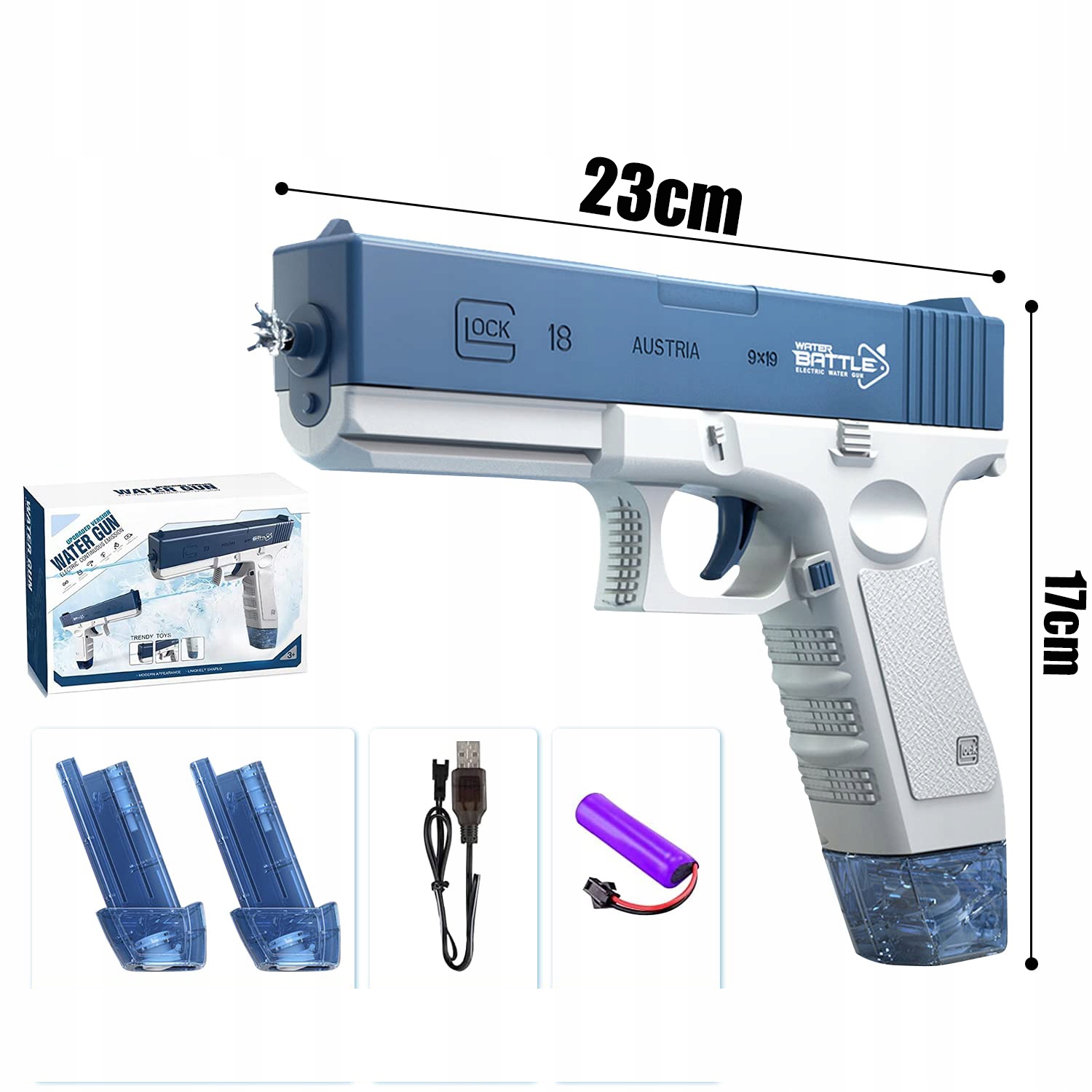 ELEKTRYCZNY AUTOMATYCZNY PISTOLET NA WODĘ DWA MAGAZYNKI GLOCK KARABIN
