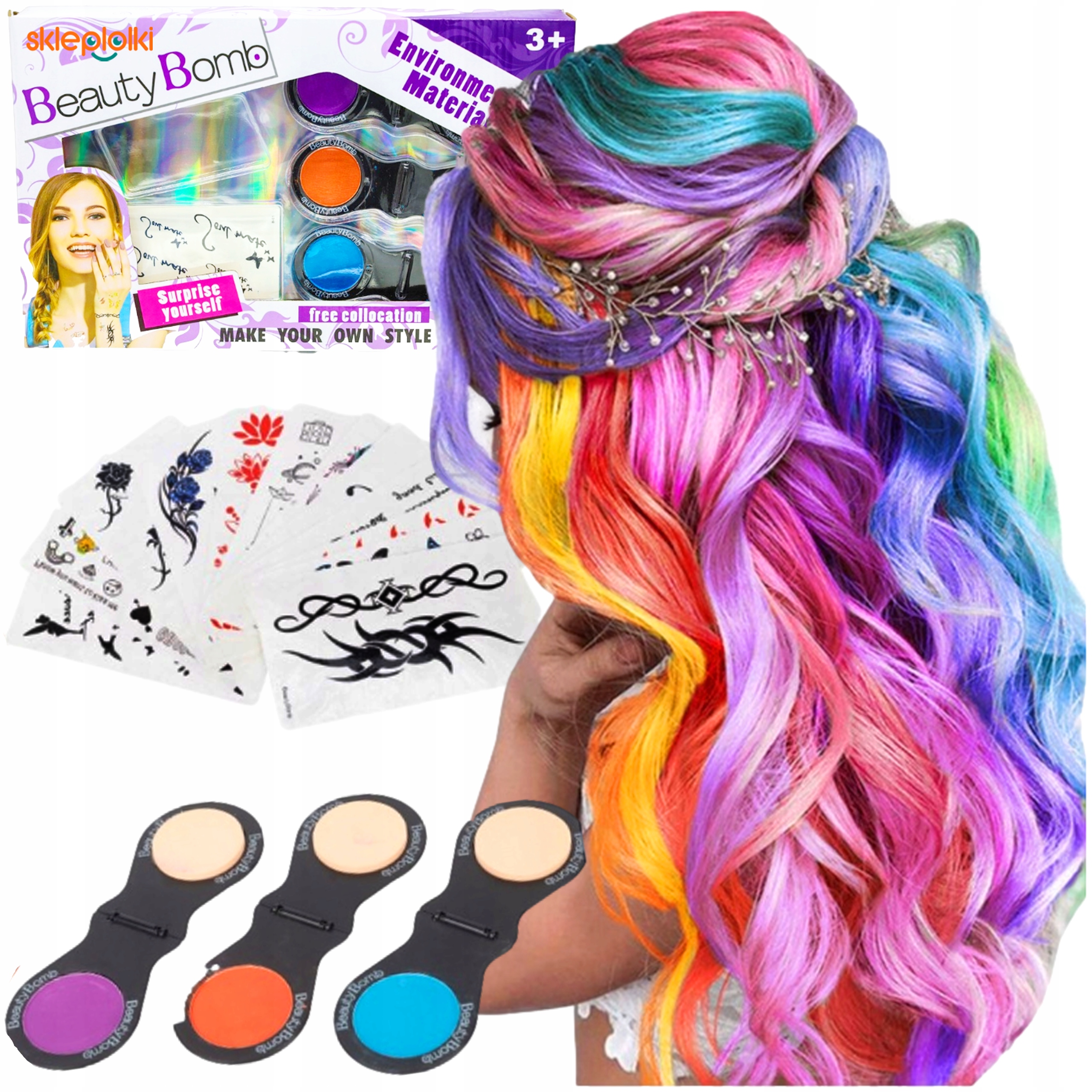 Zestaw koloryzującej kredy do włosów dla dzieci + arkusz tatuaży zmywalnych