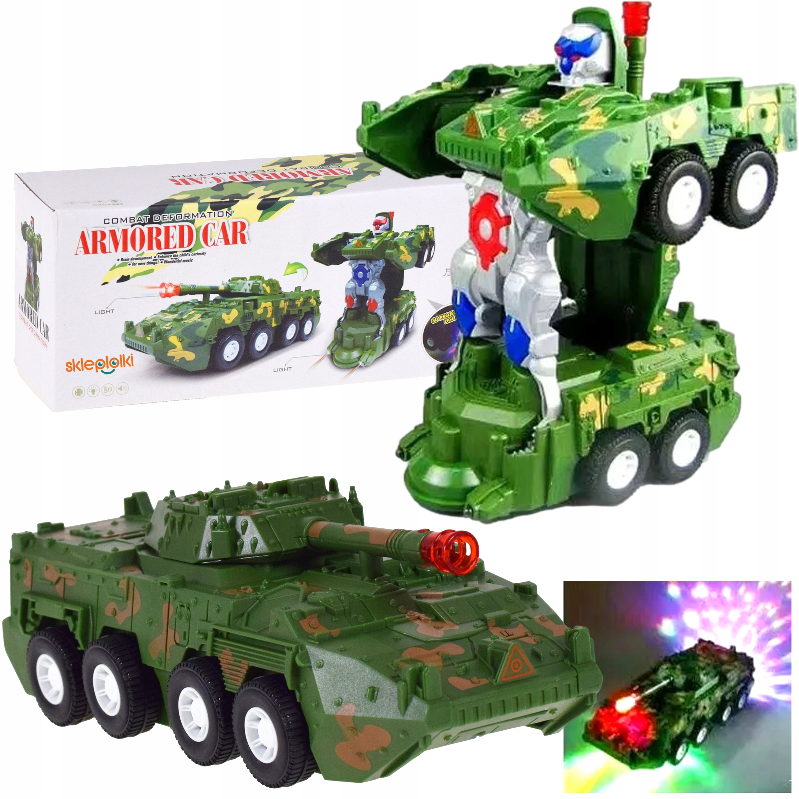 CZOŁG AUTO ROBOT AUTOBOT 2w1 POJAZD NA BATERIE ŚWIECI JEŹDZI DLA DZIECI