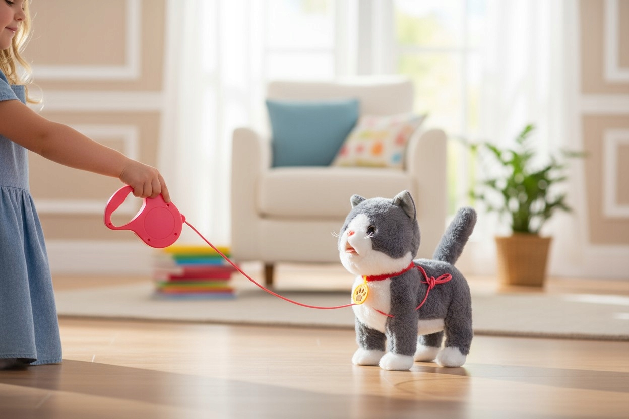 Kotek interaktywny pluszowy na smyczy akumulator USB funkcje dźwięk ruch