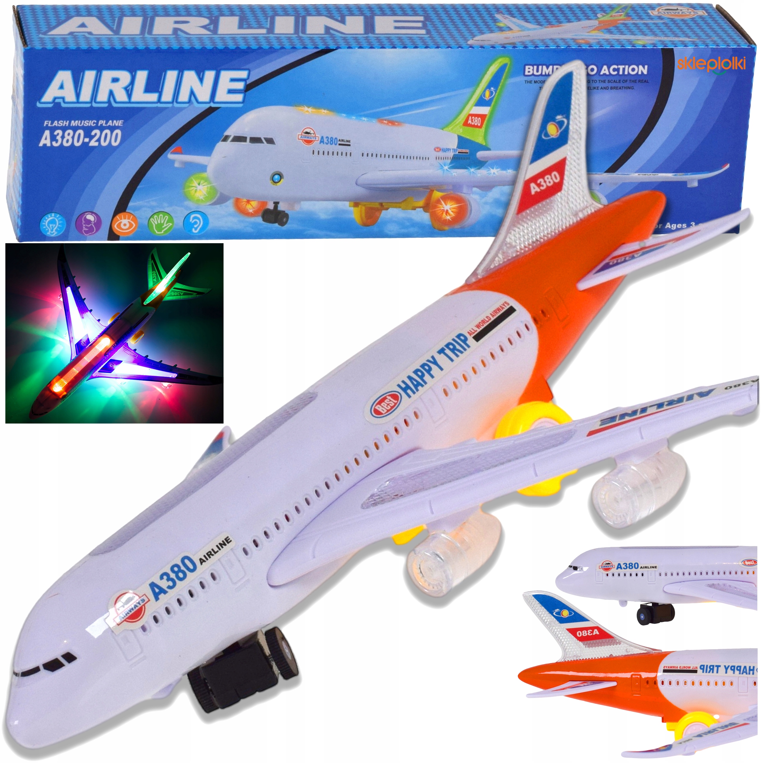 Interaktywny samolot pasażerski gra, świeci, jeździ, dźwięk i światła LED