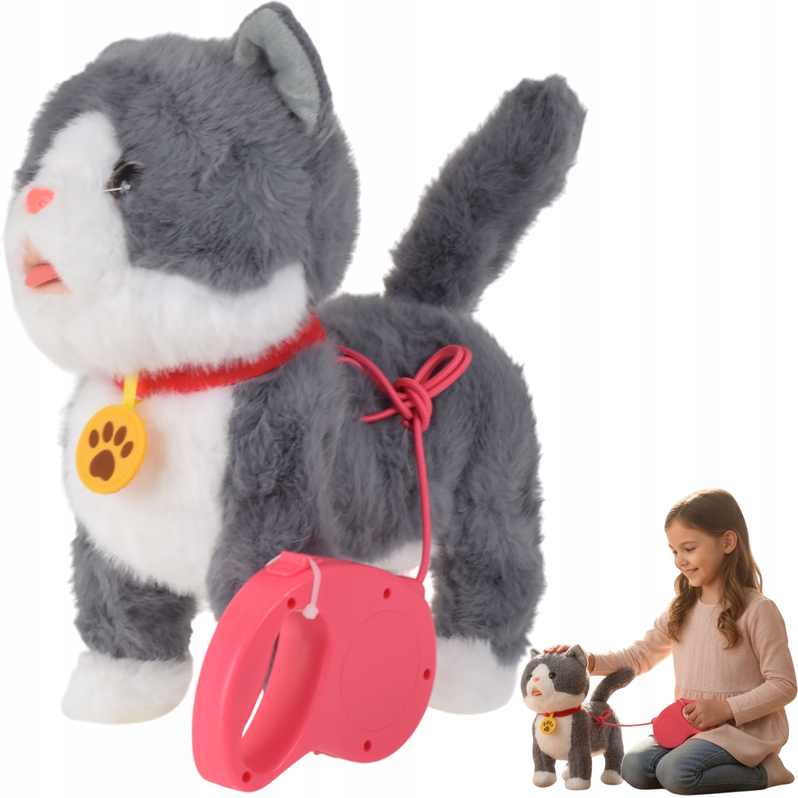 Kotek interaktywny pluszowy na smyczy akumulator USB funkcje dźwięk ruch