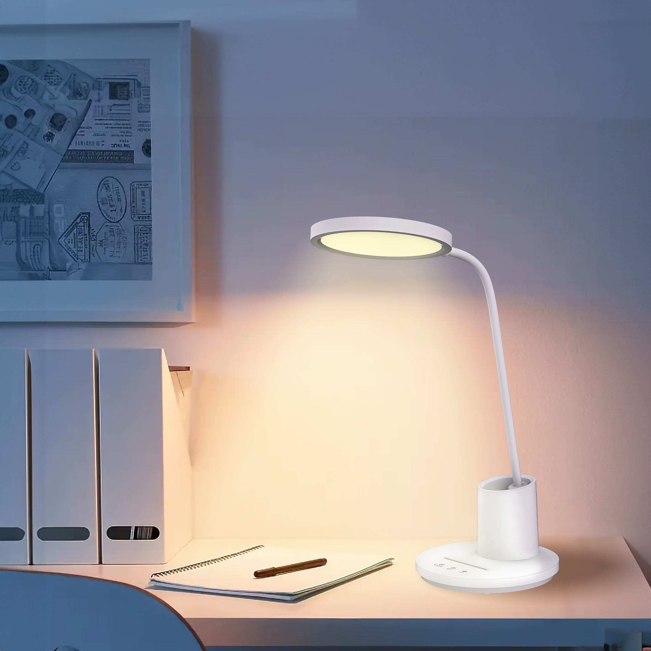 Lampka biurkowa LED szkolna trzy barwy światła do pracy z pojemnikiem