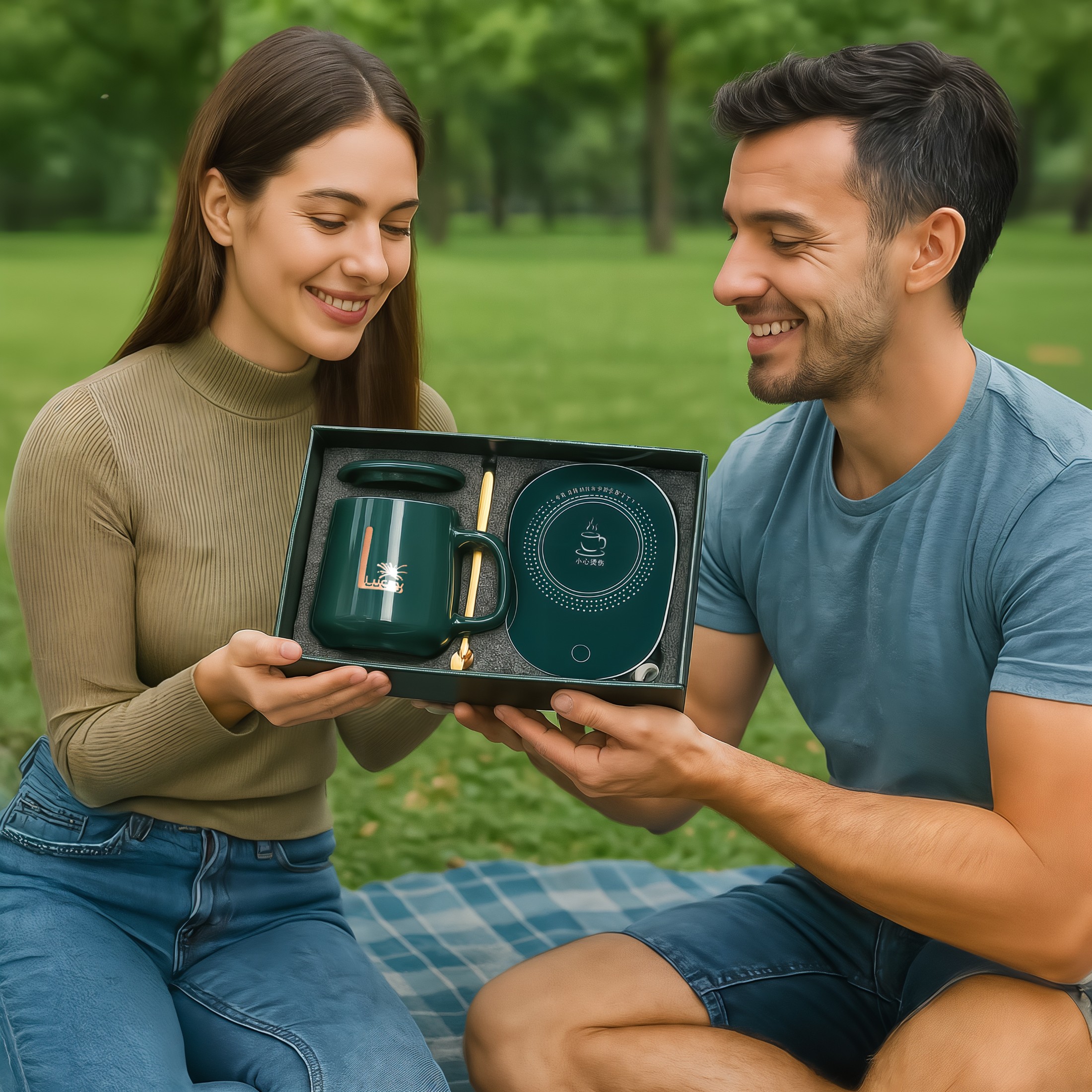 Zestaw prezentowy KUBEK podgrzewacz do napojów ELEKTRYCZNY łyżka UPOMINKOWY