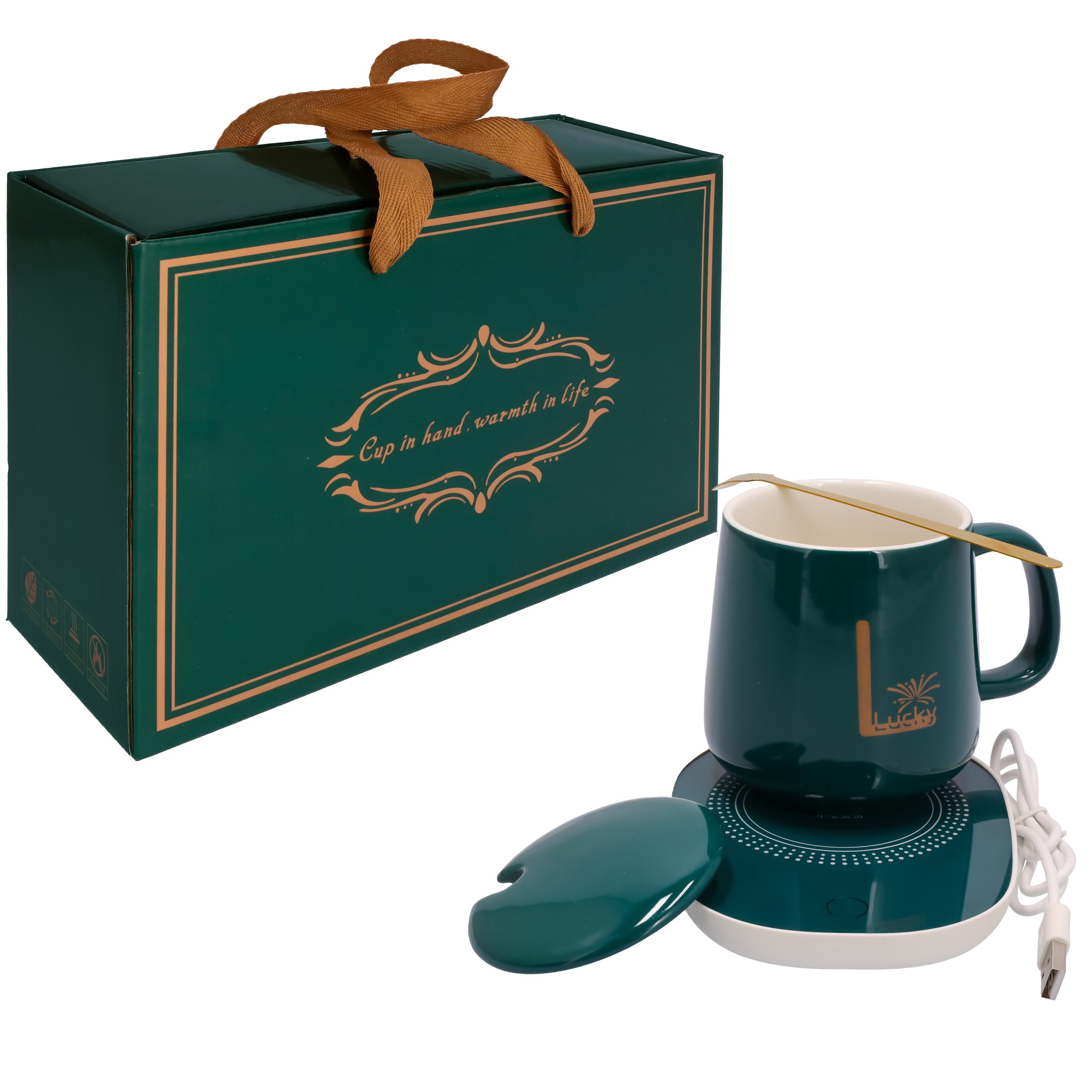 Zestaw prezentowy KUBEK podgrzewacz do napojów ELEKTRYCZNY łyżka UPOMINKOWY