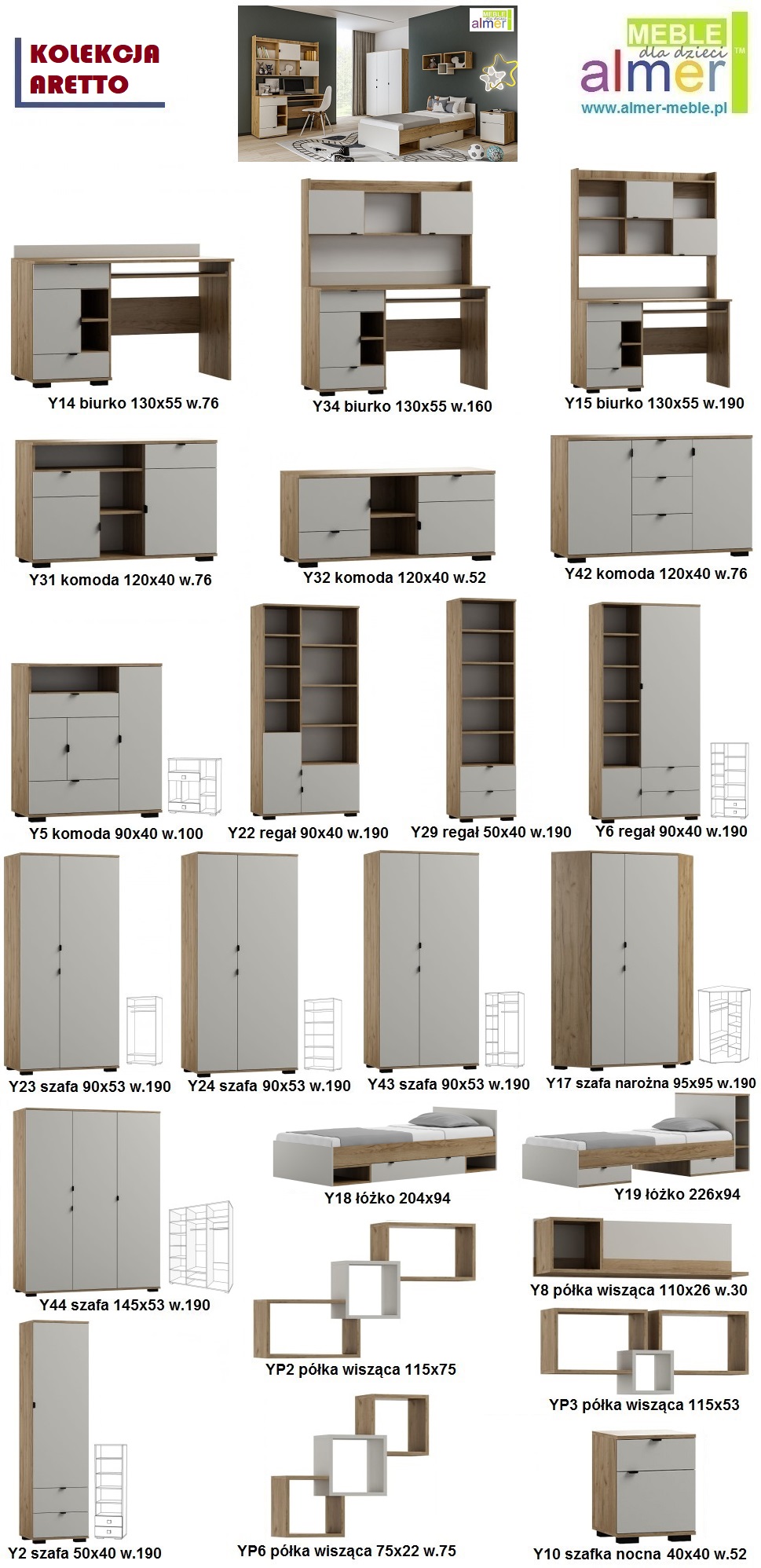 ARETTO YP3 półka wisząca ściena kaszmin dąb craft 115x53
