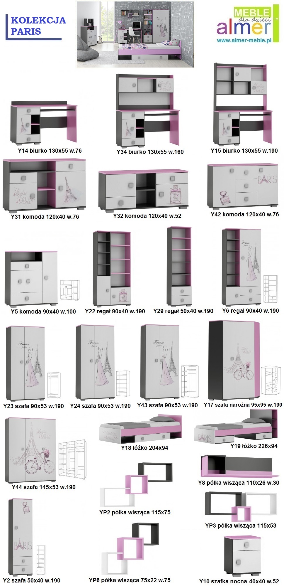 duże biurko dziecięce młodzieżowe szuflady z grafiką PARIS Y14 blat 130x55