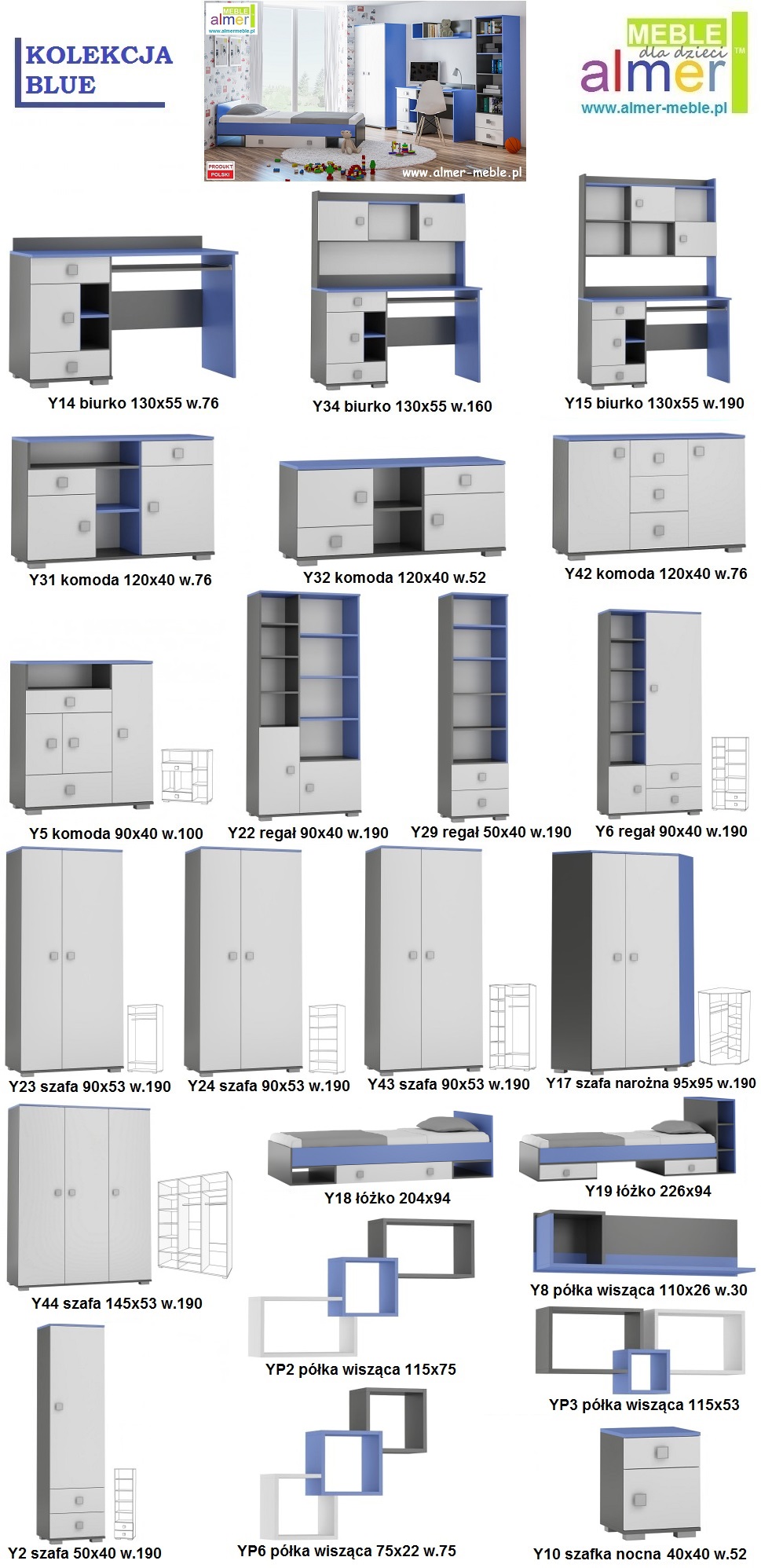 szafa garderoba dziecięca młodzieżowa bieliźniarka pólki drążek BLUE Y43