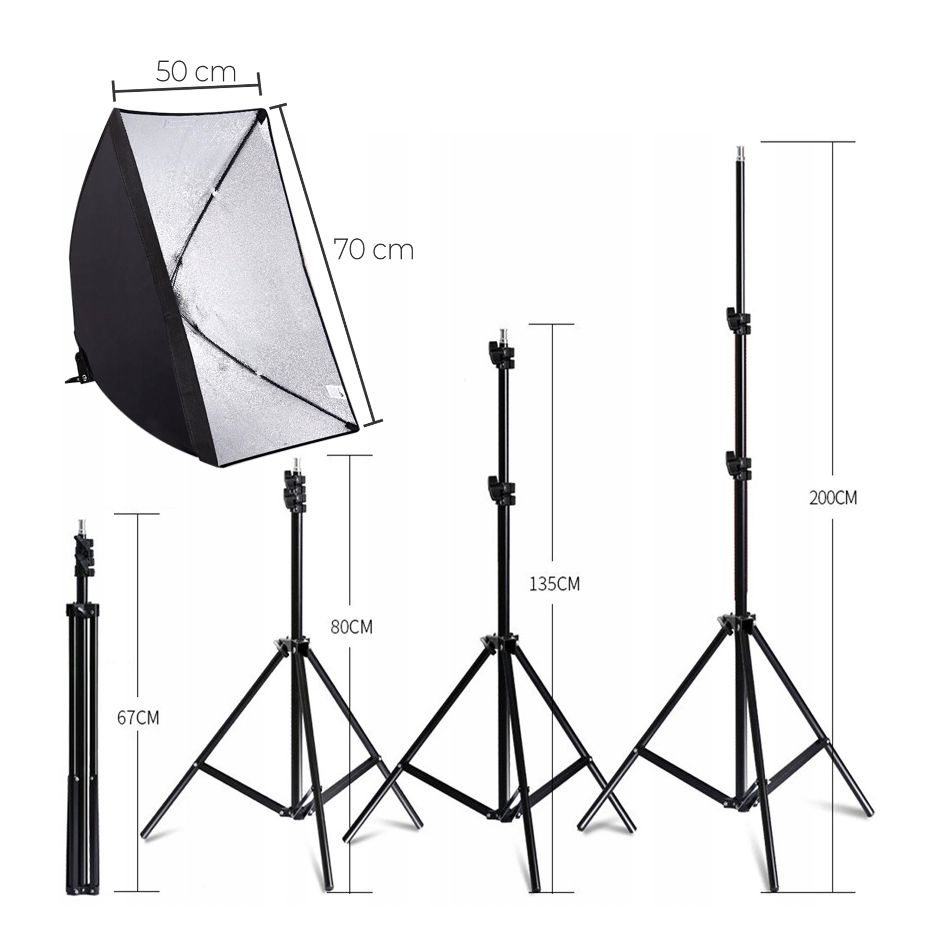 Set 2 Softbox 50x70 Cm | Con Treppiedi 68-200 Cm | 2 Lampade 135W 5500K | Borsa Trasporto | Per Studio E Video