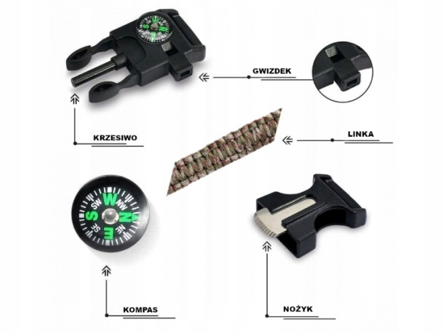 BRANSOLETKA SURVIVAL 5w1 PARACORD KRZESIWO KOMPAS