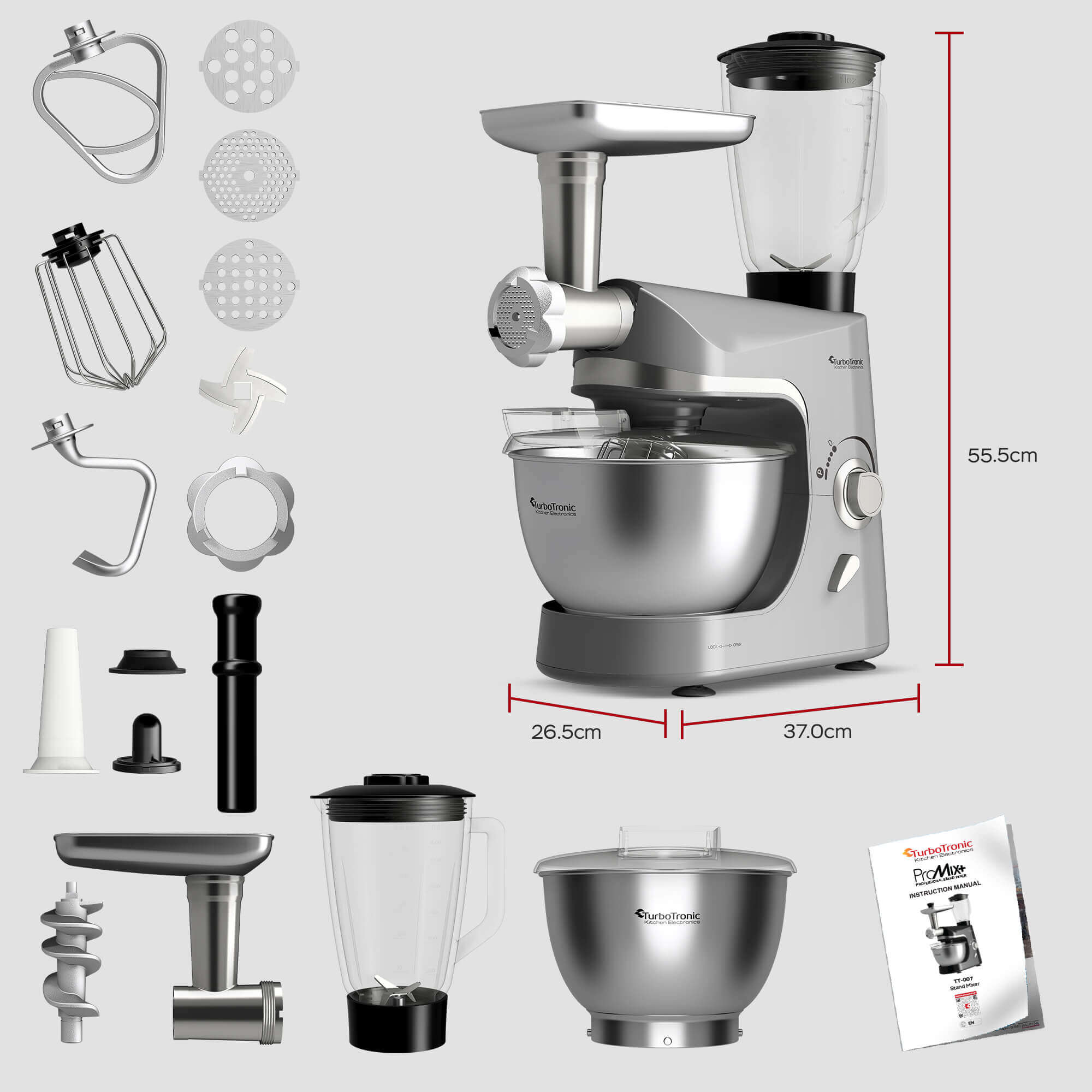 Robot kuchenny TurboTronic planetarny mikser blender 2000w misa 5L Srebrny