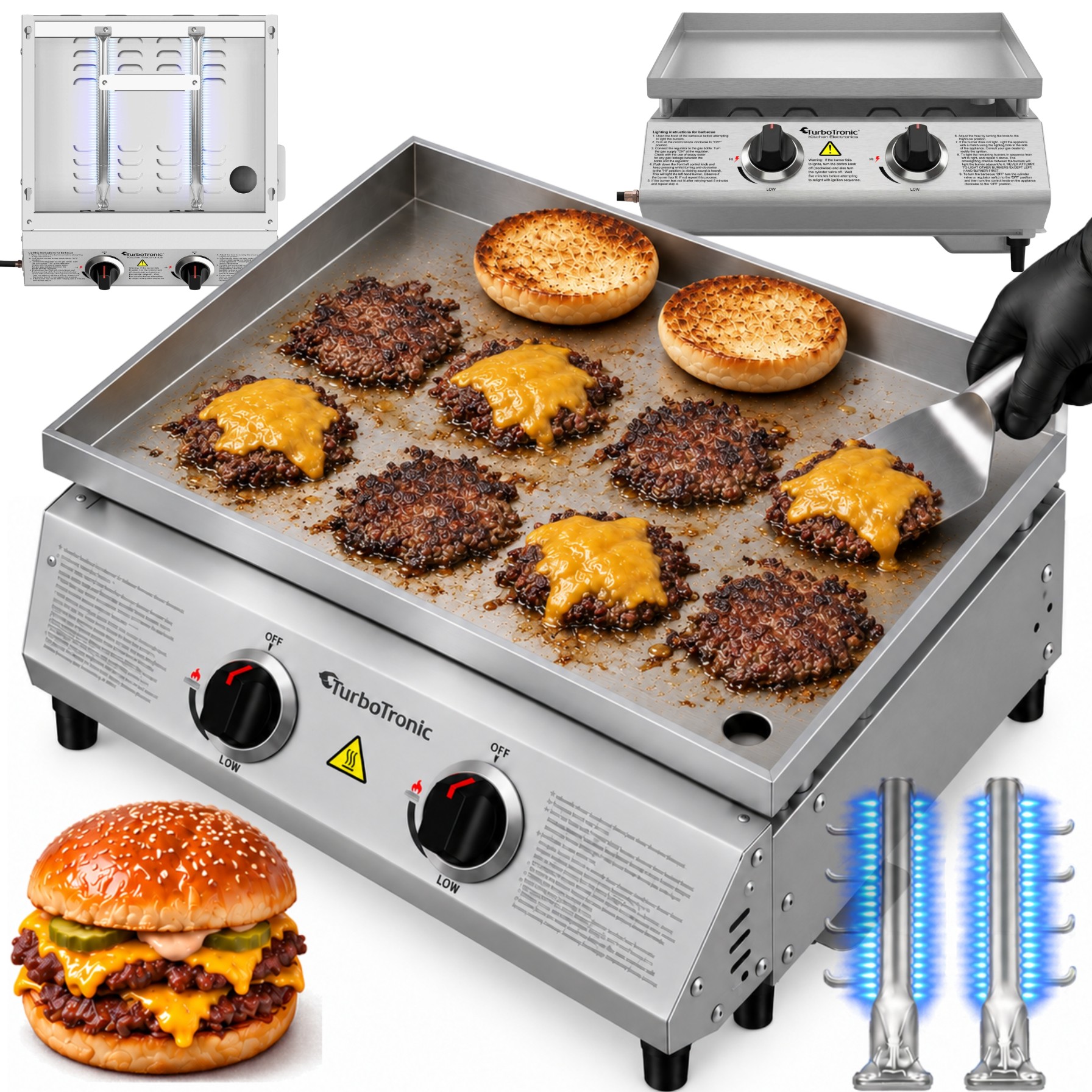 Płyta Grill gazowy TurboTronic  płaski stołowy do burgerów stek stal nierdzewna 3mm Pro 6,3 kw Srebrny