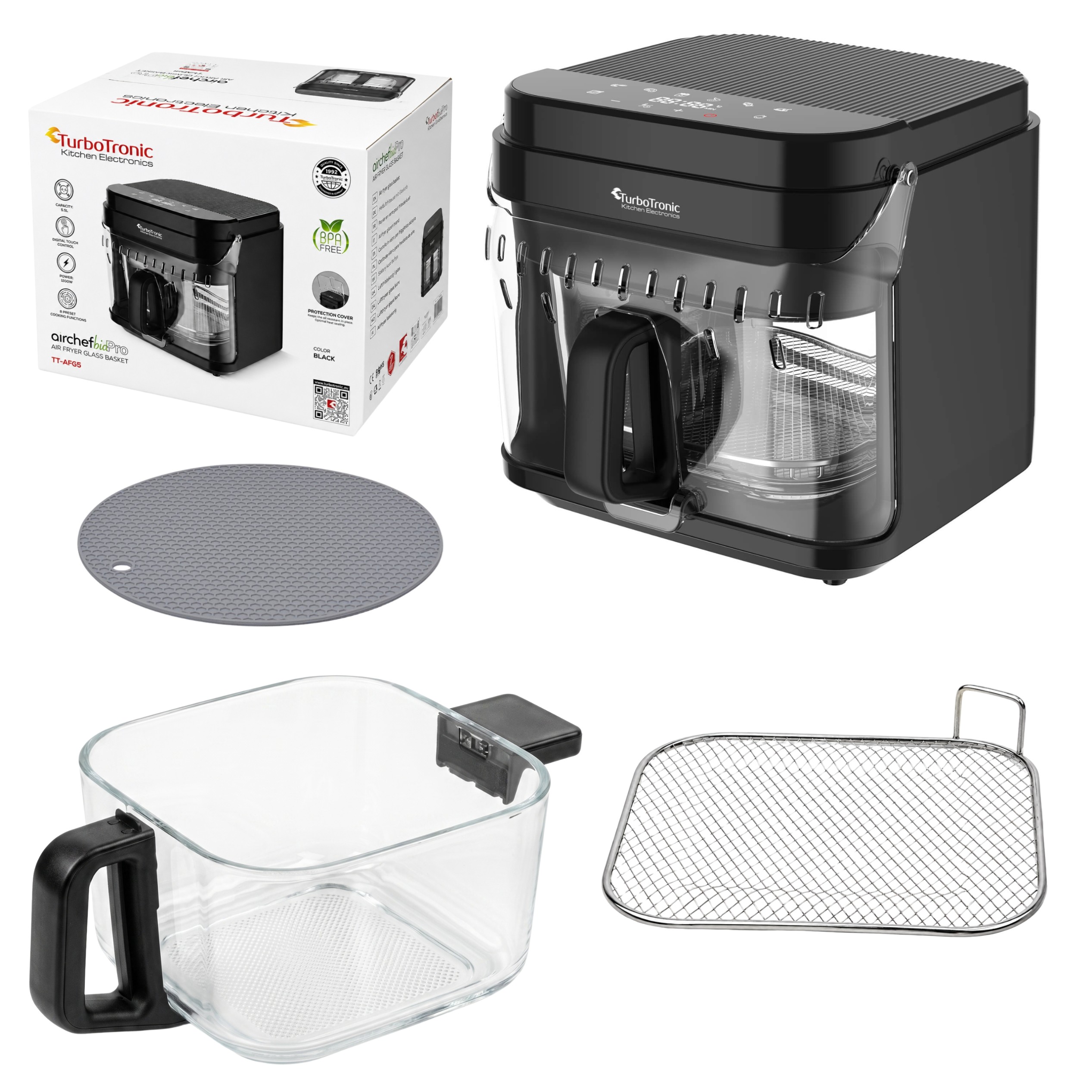 Frytownica beztłuszczowa 5,5L Air Fryer TurboTronic szklany kosz do smażenia 1200W Czarna