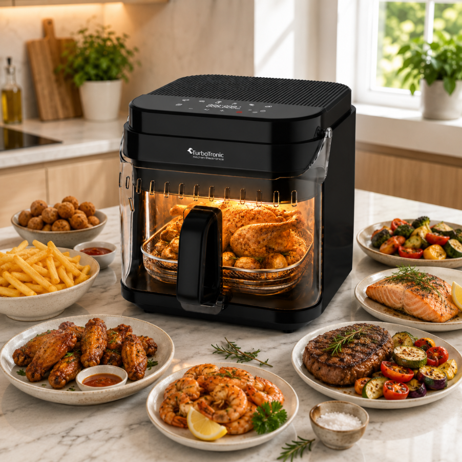 Frytownica beztłuszczowa 5,5L Air Fryer TurboTronic szklany kosz do smażenia 1200W Czarna