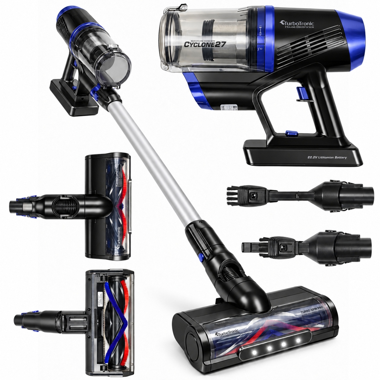 Ręczny odkurzacz pionowy TurboTronic Bezprzewodowy Akumulatorowy Cyklonowy LED HEPA bezworkowy 2 prędkości 21KPA 120W Czarny