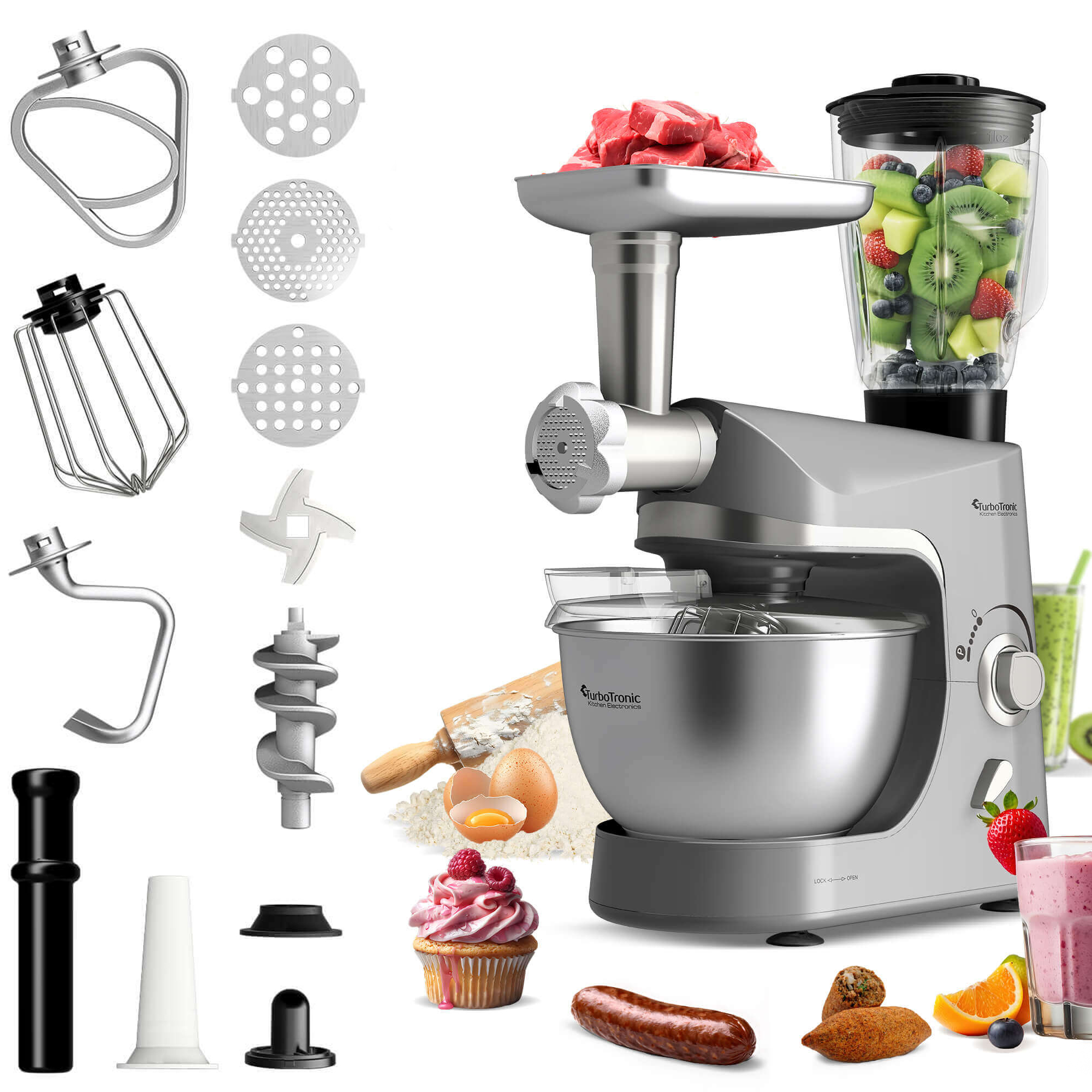 Robot kuchenny TurboTronic planetarny mikser blender 2000w misa 5L Srebrny