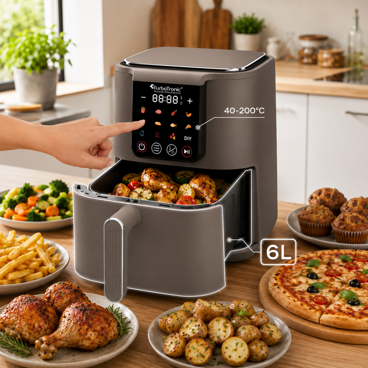 Frytownica beztłuszczowa 6L TurboTronic AIR Fryer metalowe wnętrze wyświetlacz cyfrowy 1500w Czarny