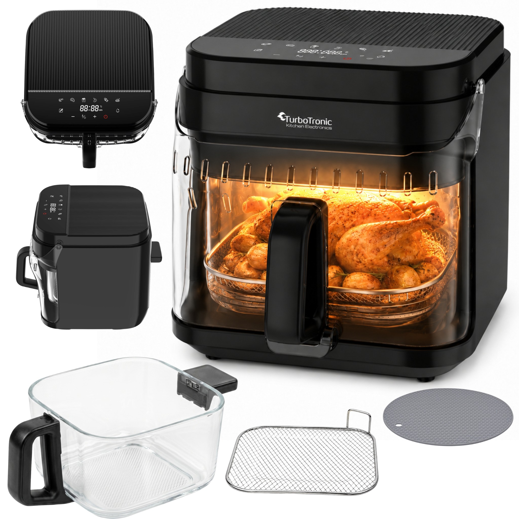 Frytownica beztłuszczowa 5,5L Air Fryer TurboTronic szklany kosz do smażenia 1200W Czarna