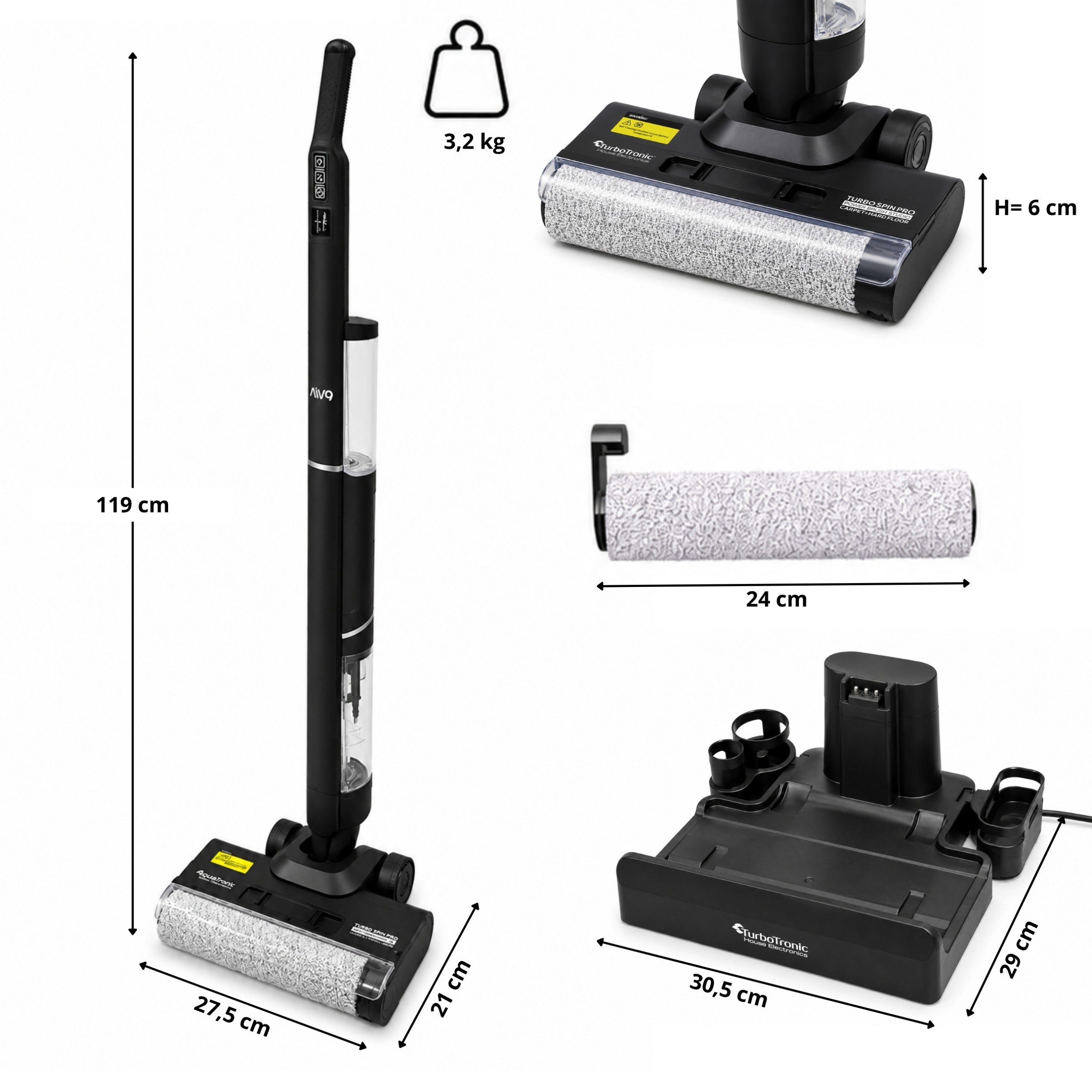 Bezprzewodowy odkuracz pionowy mop myjący na mokro TurboTronic 2w1 wet & dry samoczyszczący Carny