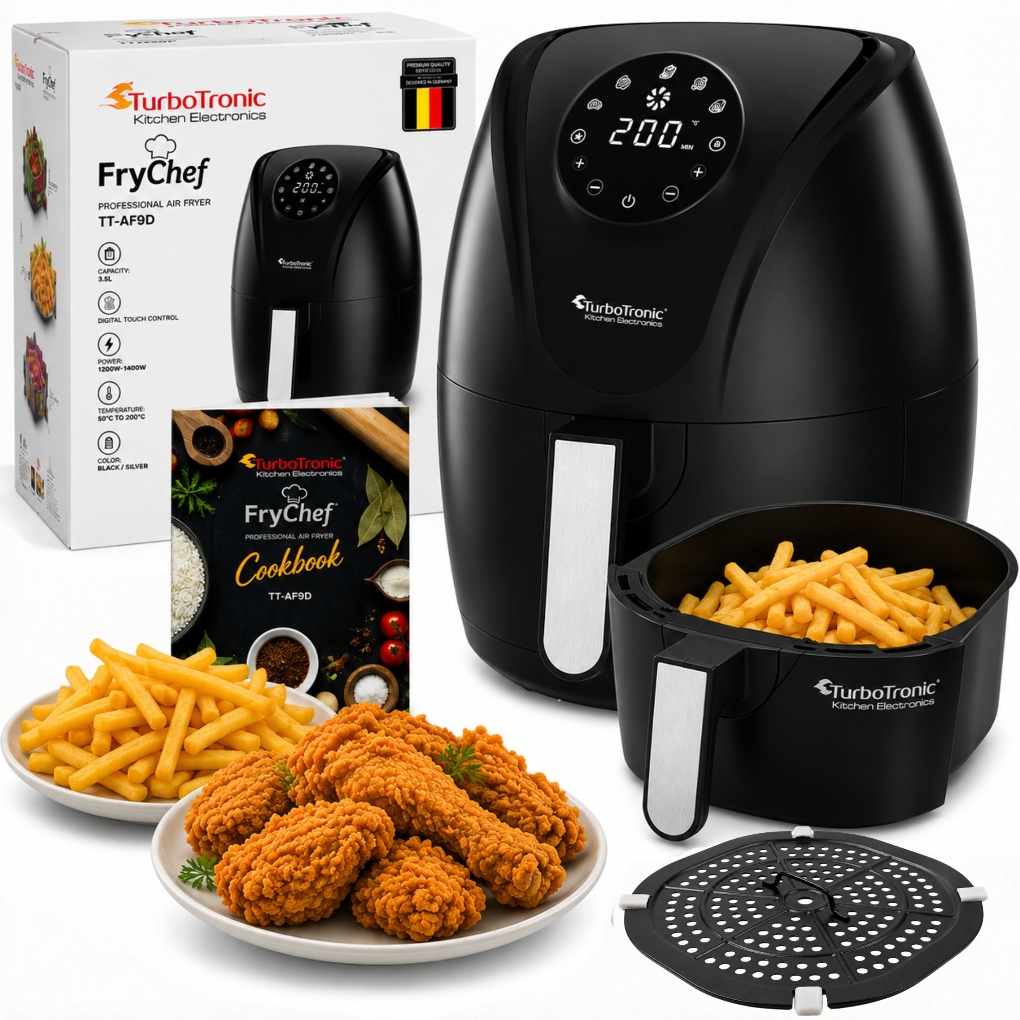 Frytkownica beztłuszczowa TurboTronic frytownica cyfrowa poj. 3,5L kosz 1.2KG 50-200°C 1400W Srebrna