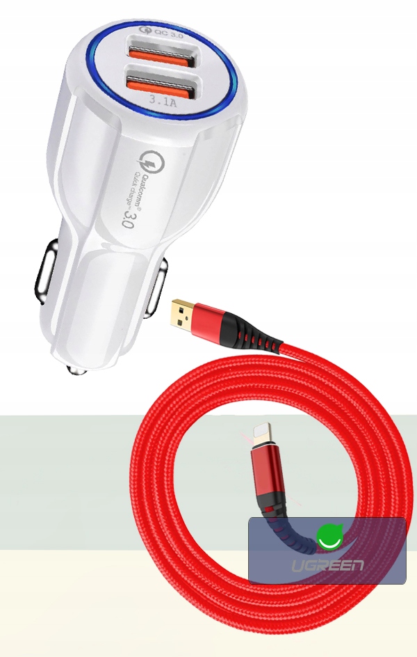 ŁADOWARKA SAMOCHODOWA QC 3.0+ KABEL DO IPHONE 3M