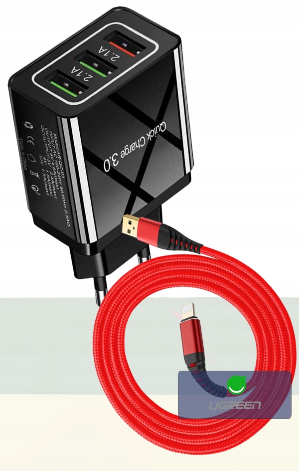 ŁADOWARKA SIECIOWA QC 3.0 + KABEL DO IPHONE USB 3M