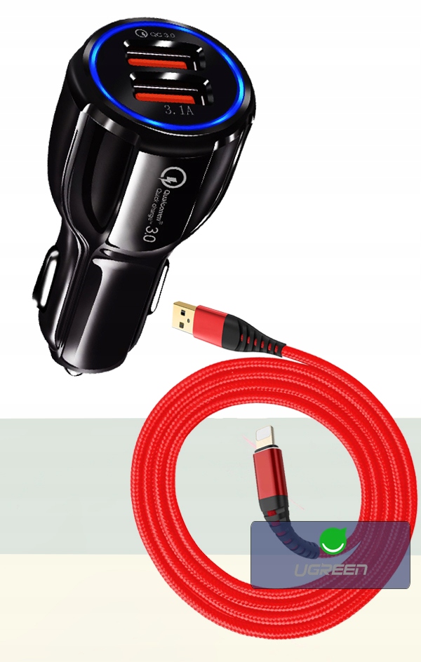 ŁADOWARKA SAMOCHODOWA QC 3.0+ KABEL DO IPHONE 3M