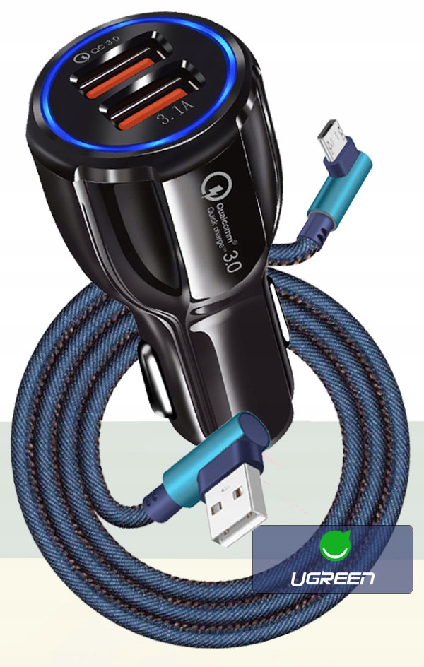 ŁADOWARKA SAMOCHODOWA QC 3.0 + KABEL KĄTOWY MICRO