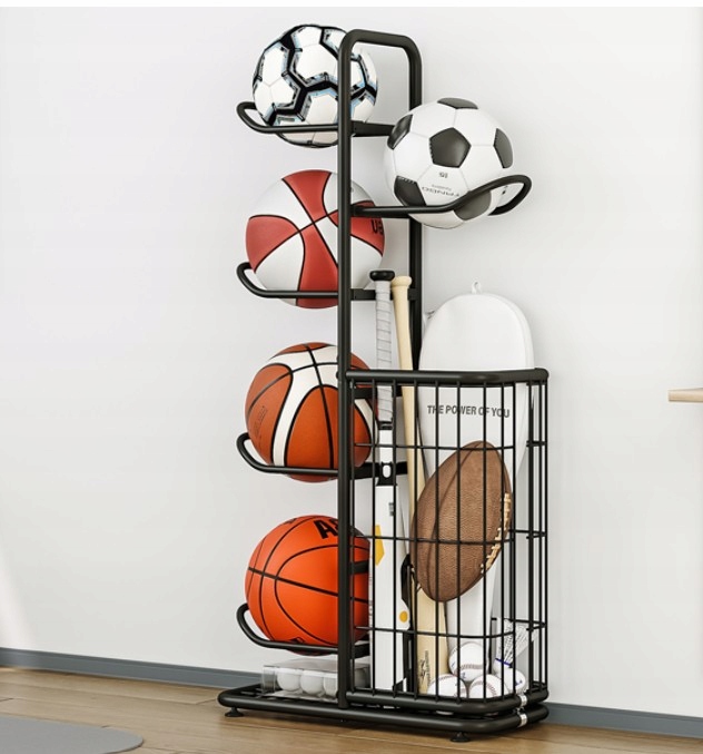 STOJAK NA PIŁKI NA 5 PIŁEK Z KOSZEM - piłka nożna, UCHWYT ORGANIZER prezent