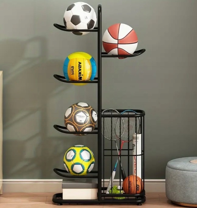 STOJAK NA PIŁKI NA 5 PIŁEK Z KOSZEM - piłka nożna, UCHWYT ORGANIZER prezent