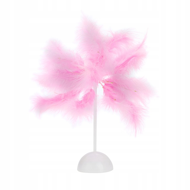 a pink feathered object on a white stand