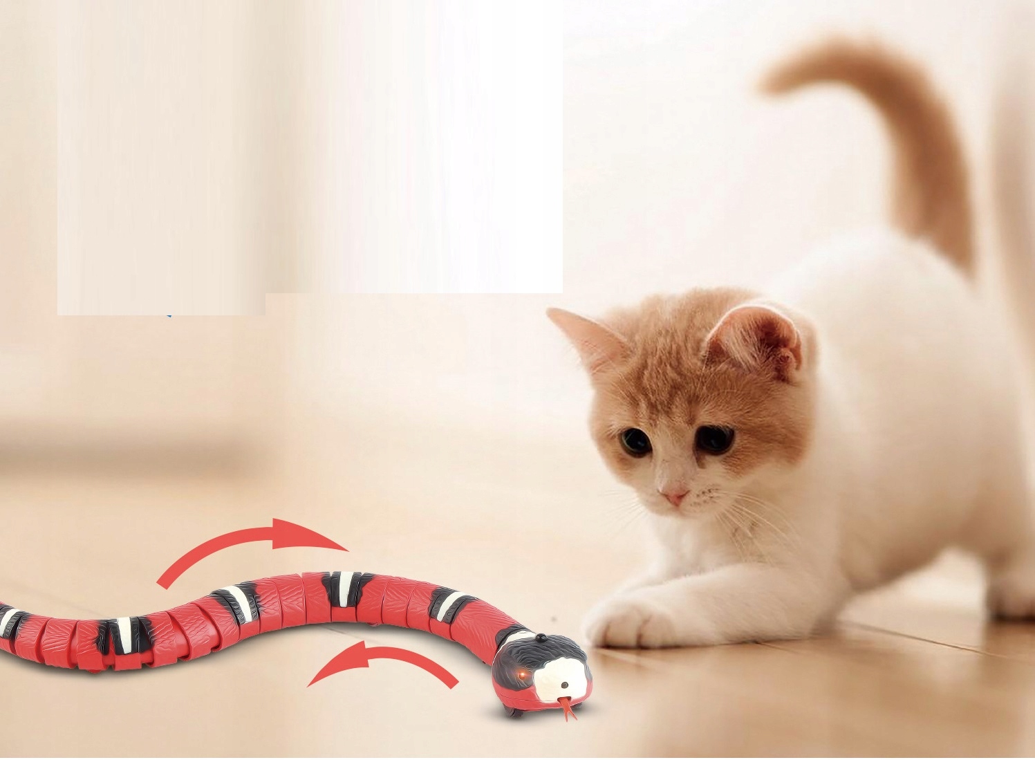 a cat playing with a toy snake