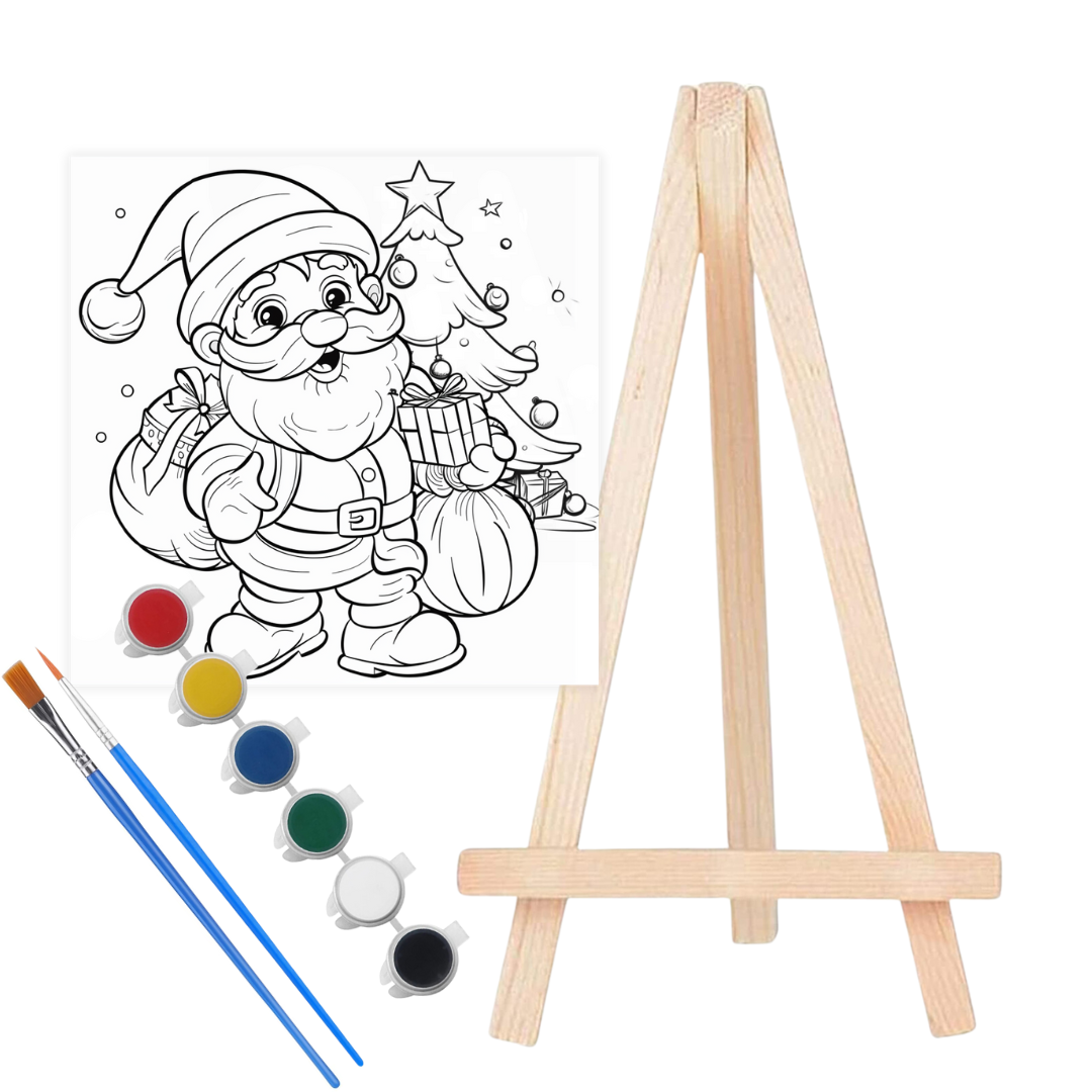 Mini zestaw malarski płótno + sztaluga + farby + pędzel Święty Mikołaj kolorowanka DIY