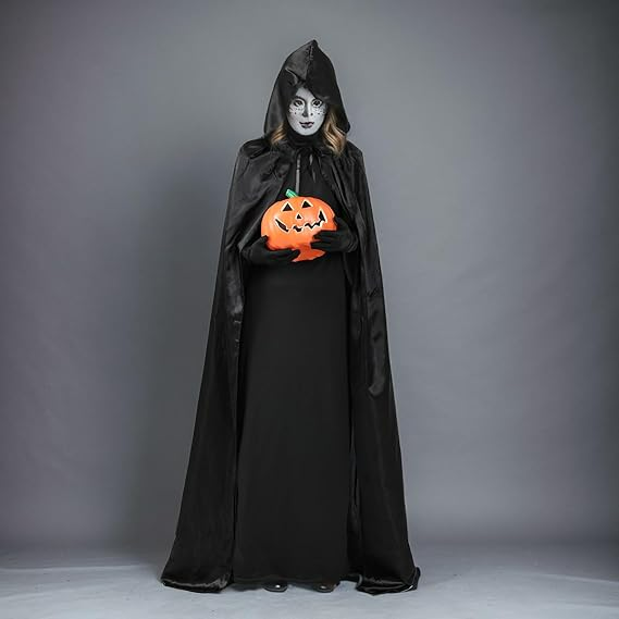 Peleryna z kapturem kostium na Halloween czarna satynowa uniwersalna