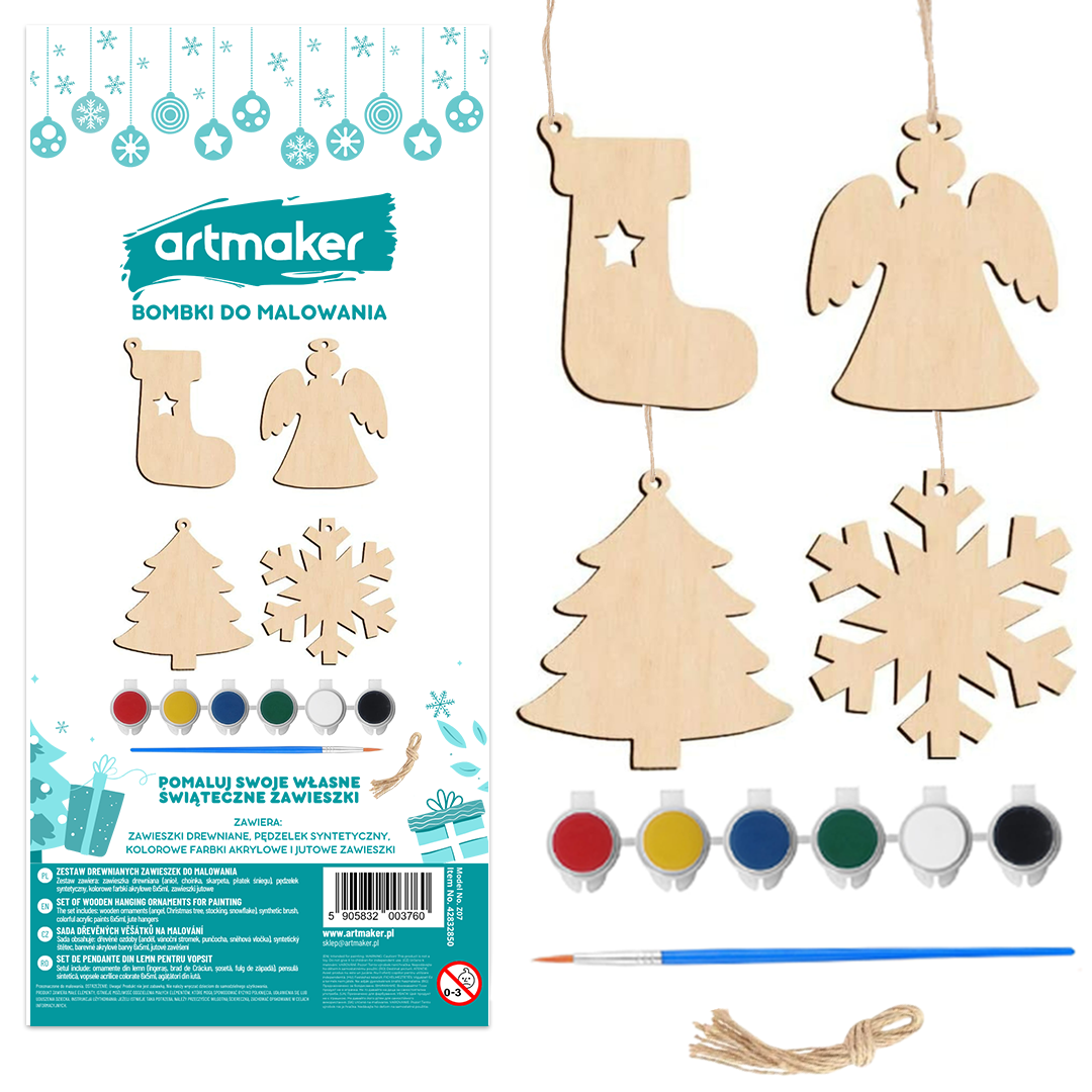 Bombki do malowania drewniane zawieszki x4 + farby DIY